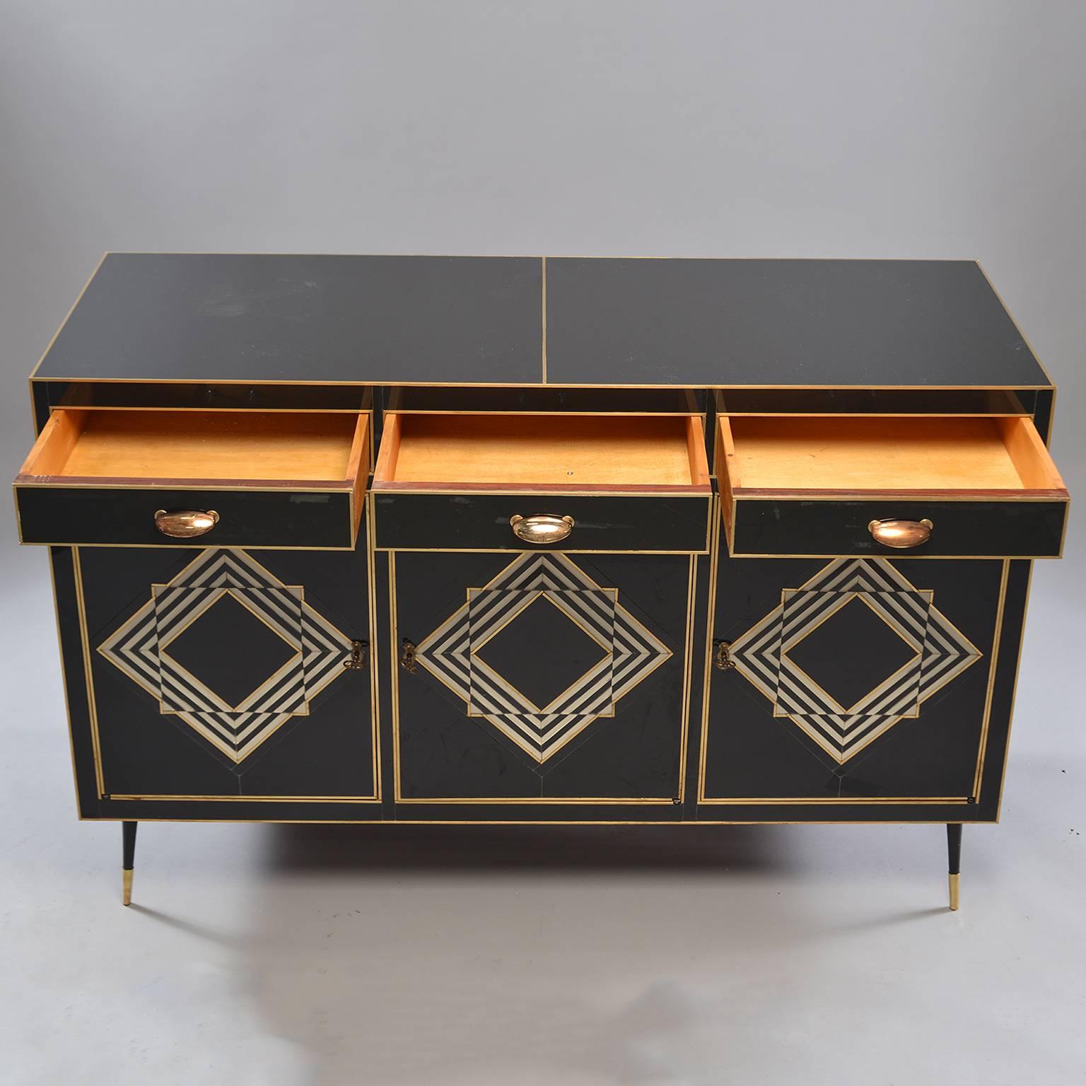 Op Art Murano Black and White Glass Clad Chest of Drawers with Brass Hardware 3