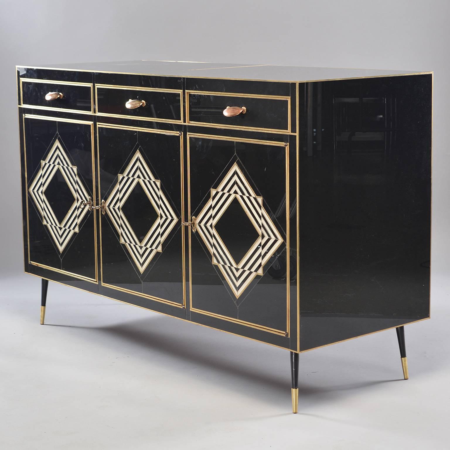 Italian Op Art Murano Black and White Glass Clad Chest of Drawers with Brass Hardware