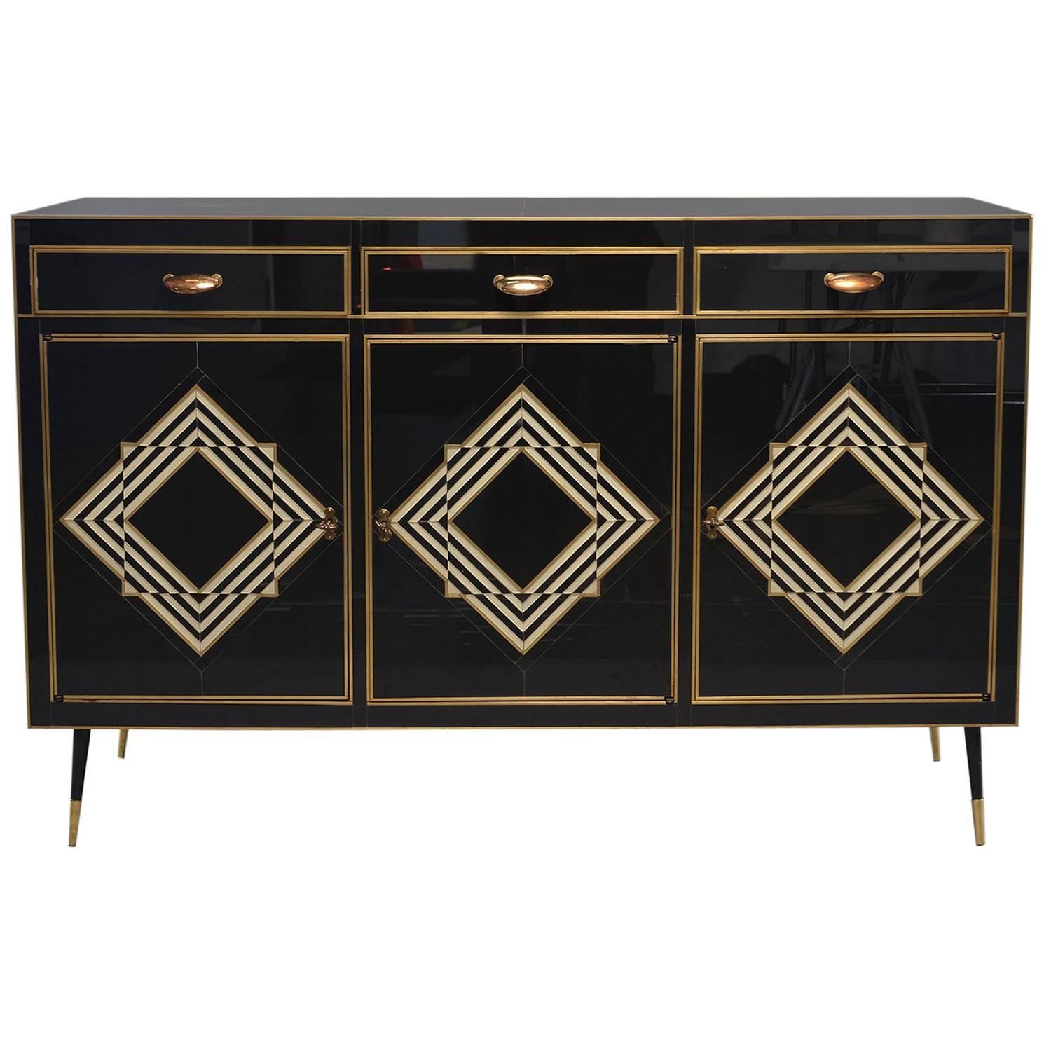 Op Art Murano Black and White Glass Clad Chest of Drawers with Brass Hardware