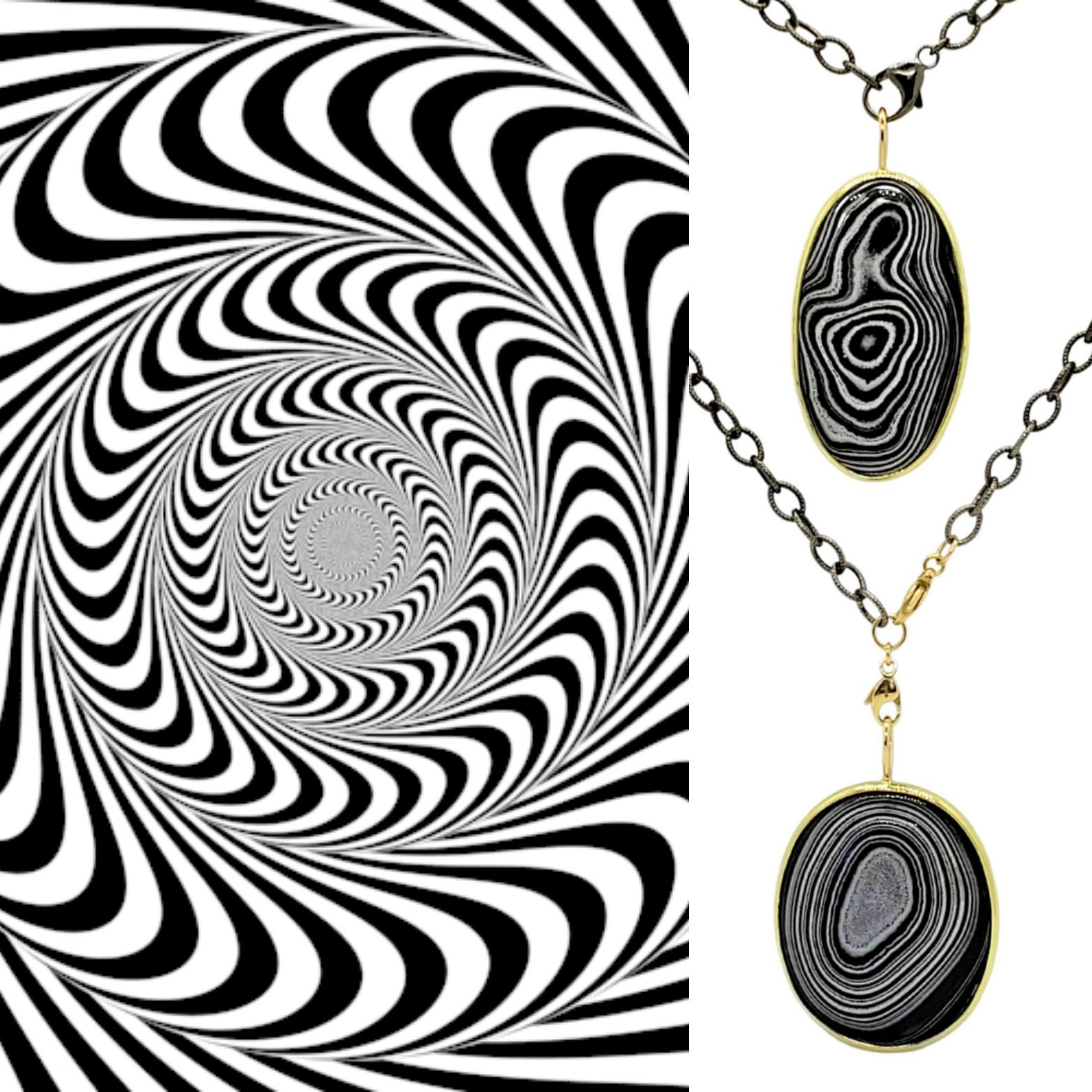 When we came across some black and white unique gemstones from Mexico, we jumped to buy. The natural optical Art patterns are fabulous. The Necklace is non gender for everyone. On the reverse side, there is a different pattern. No two gems are