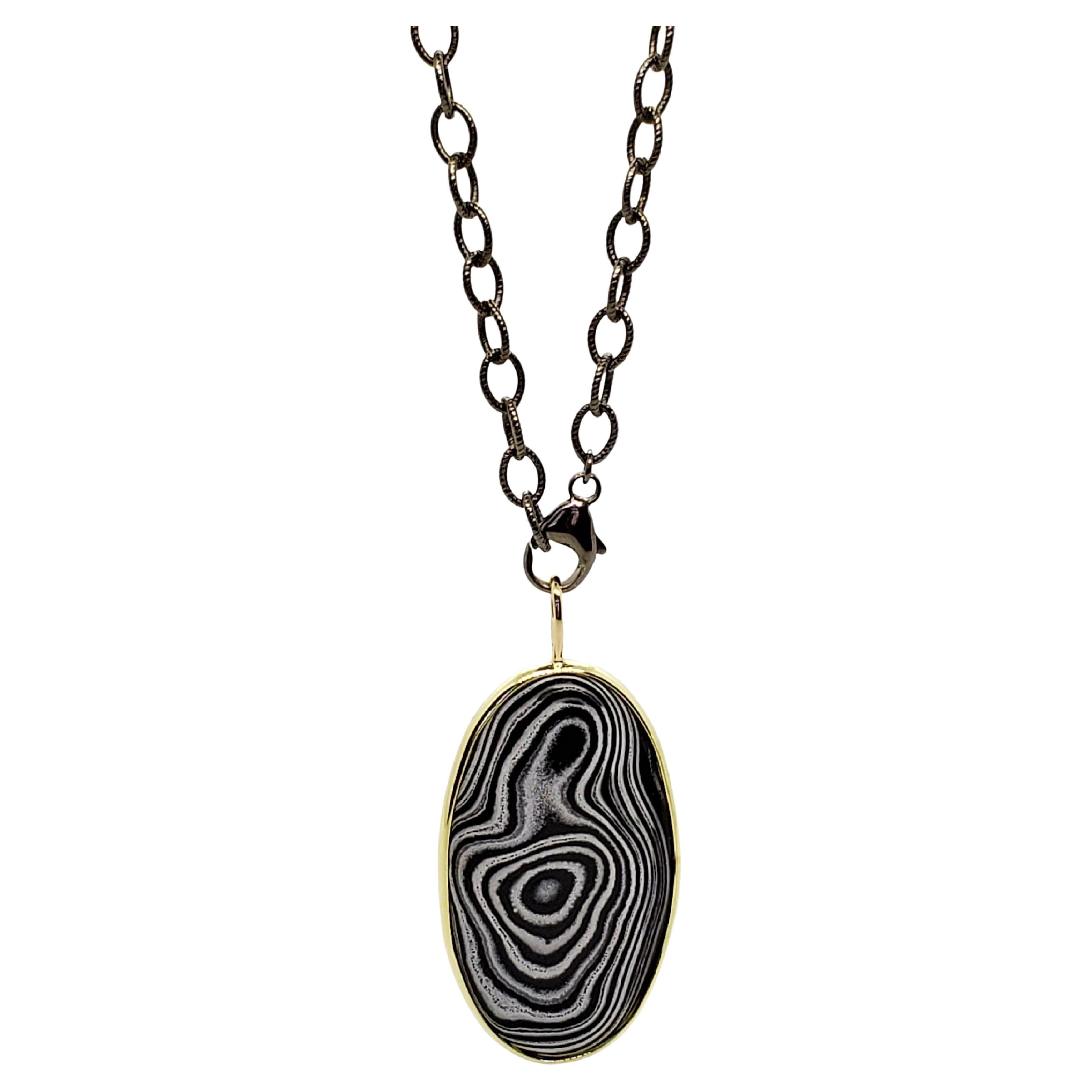 Op-Art Mystical Natural Pendant for Non-gender in 14K, B&W Mexican Psilomelane  For Sale