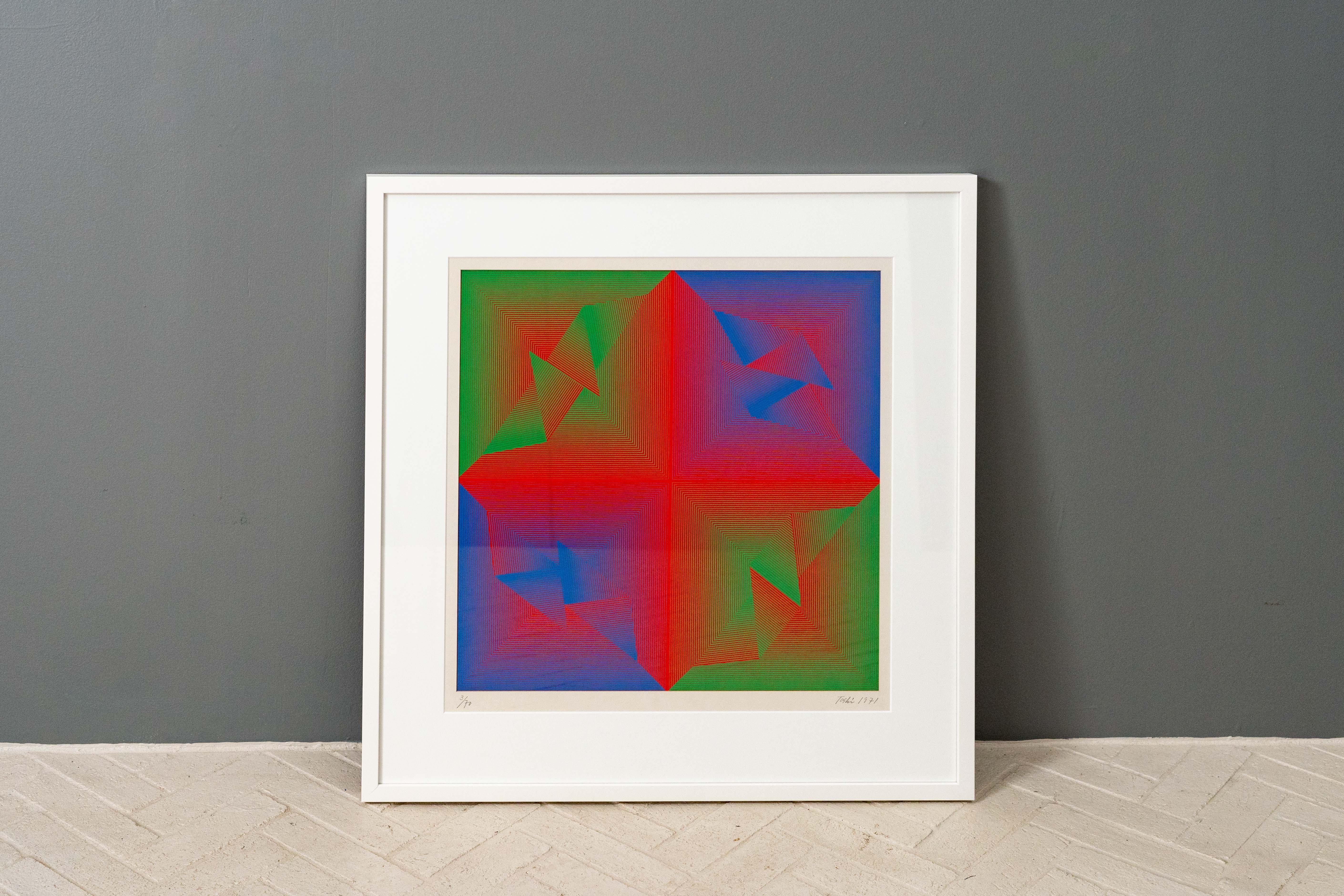 USA, ca. 1970er Jahre. Eine kühne Op-Art-Serigrafie von Toshihiro Katayama (1928-2013). Mit grünem und blauem geometrischen Muster auf leuchtend rotem Papier. Der in Osaka, Japan, geborene Katayama war ein Autodidakt und lehrte 30 Jahre lang in