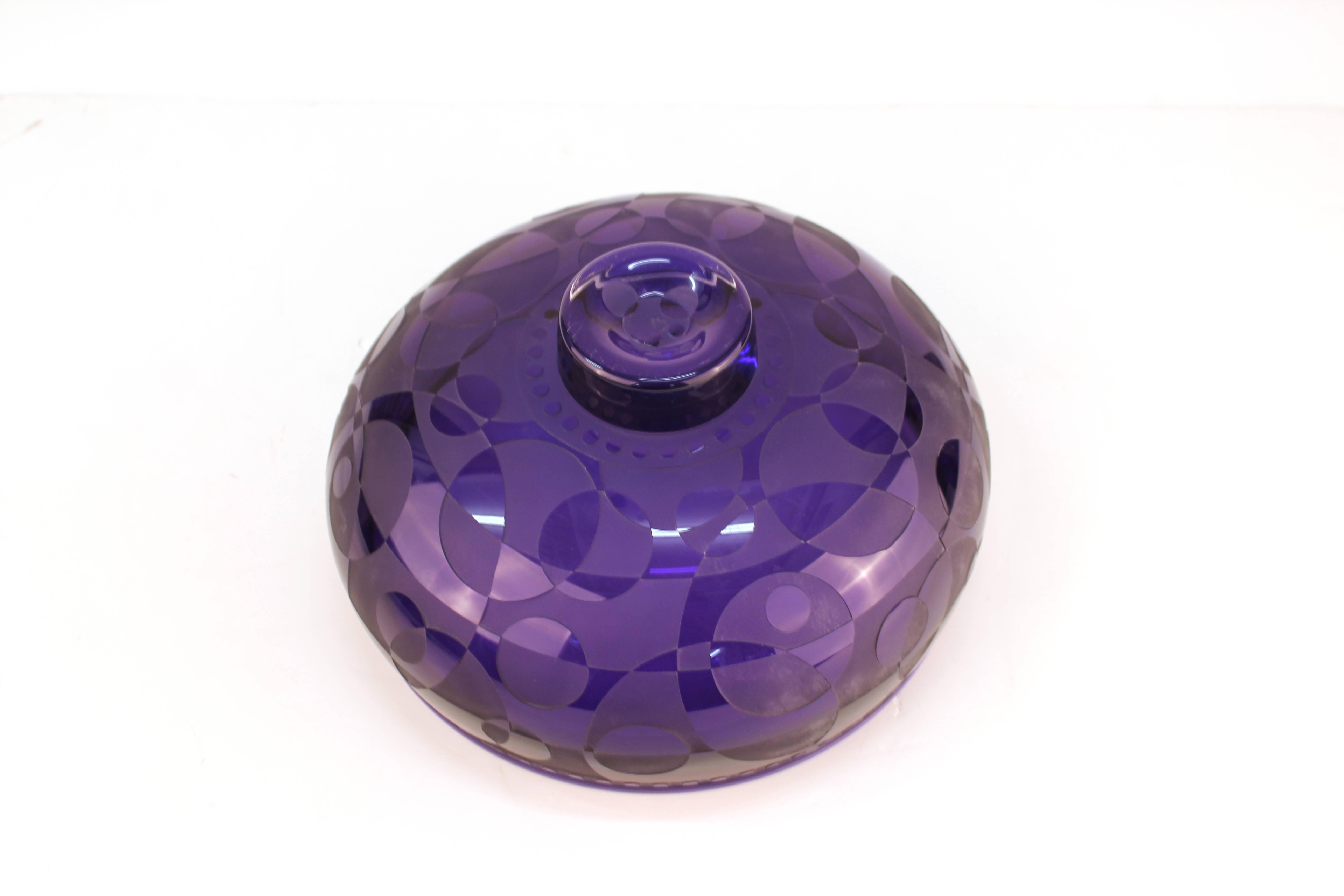 Op-Art Purple Art Glass Etched Bowl, Signed 5