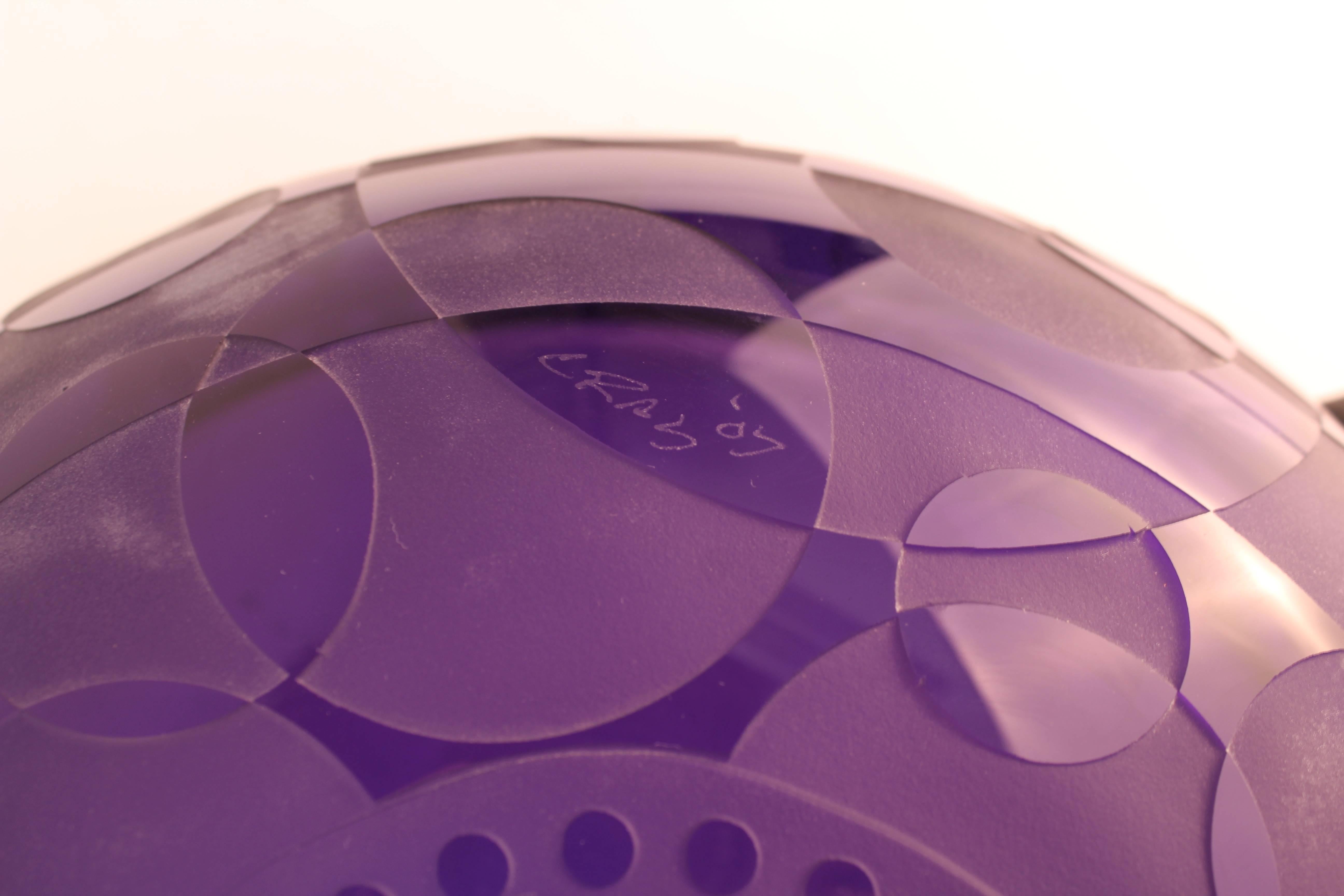 Op-Art Purple Art Glass Etched Bowl, Signed 6