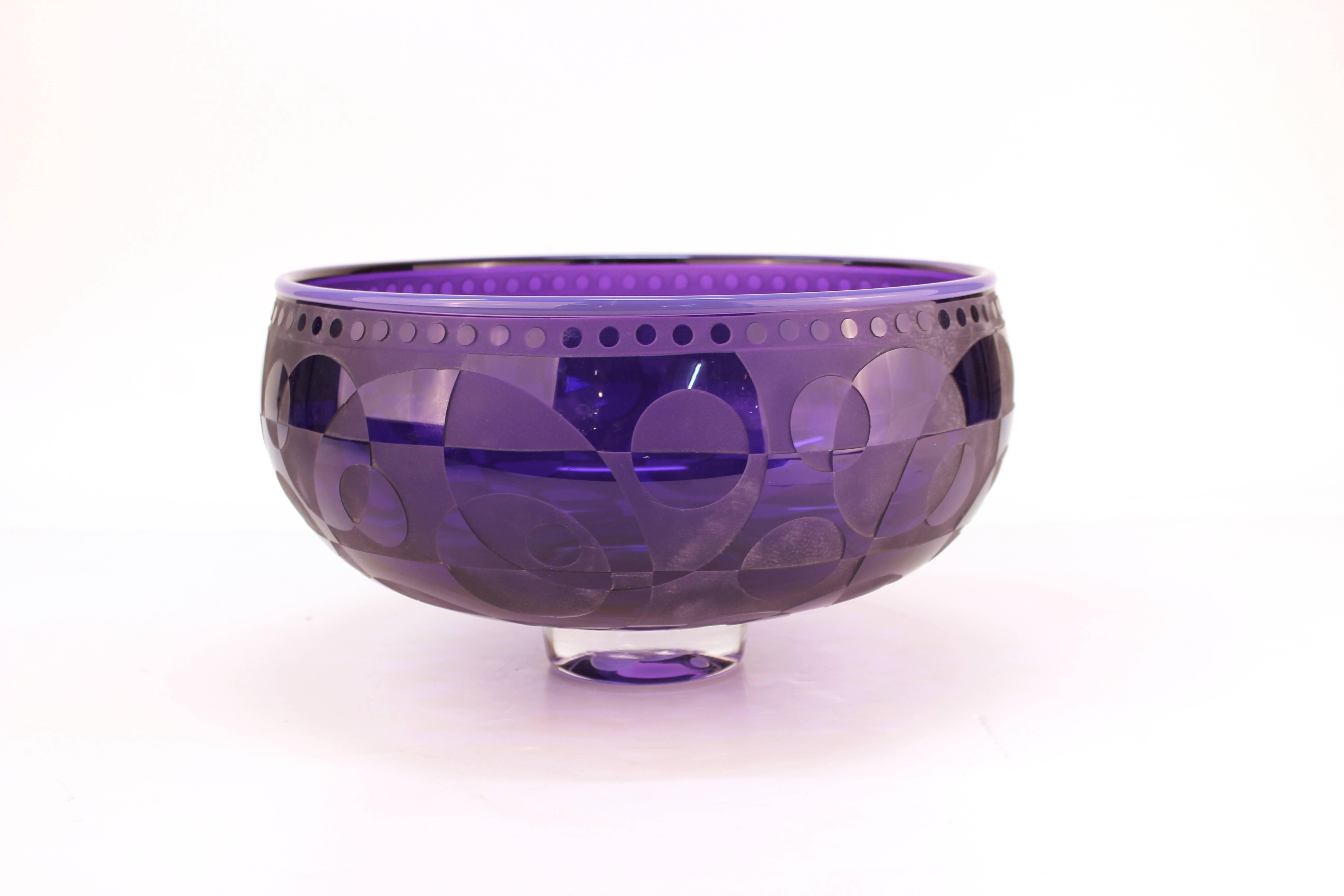 Mid-Century Modern Op-Art Purple Art Glass Etched Bowl, Signed