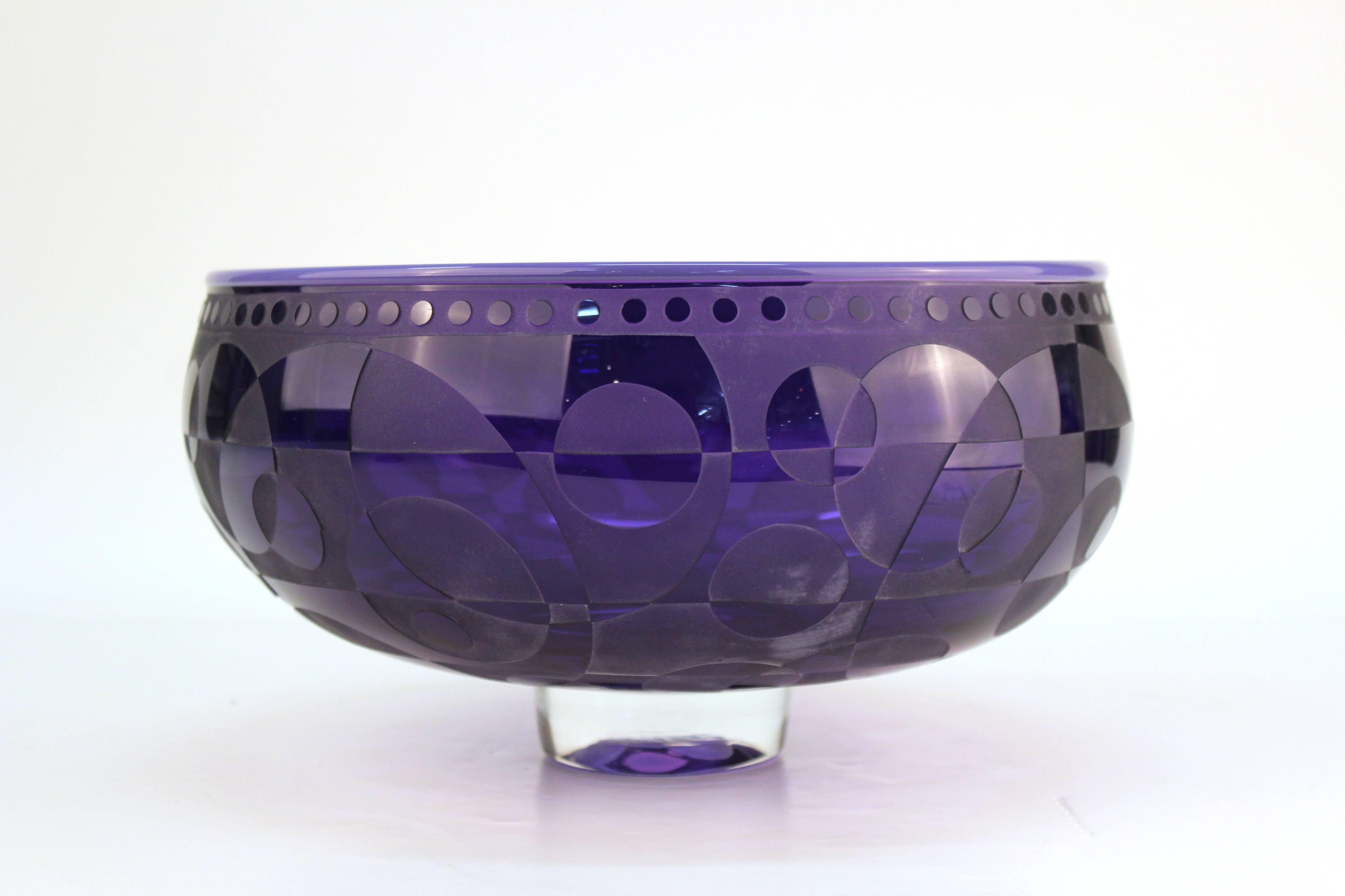20th Century Op-Art Purple Art Glass Etched Bowl, Signed