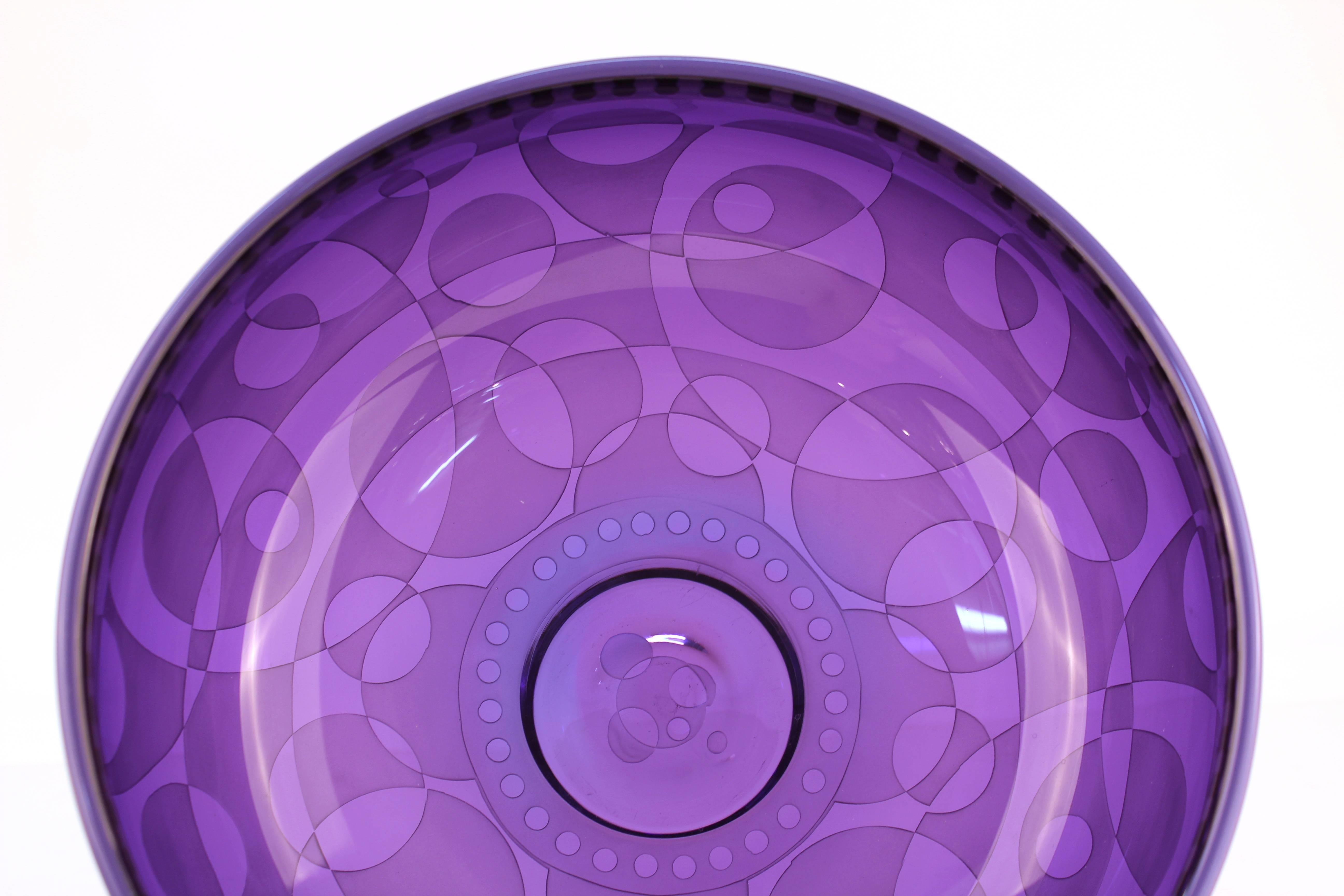 Op-Art Purple Art Glass Etched Bowl, Signed 2