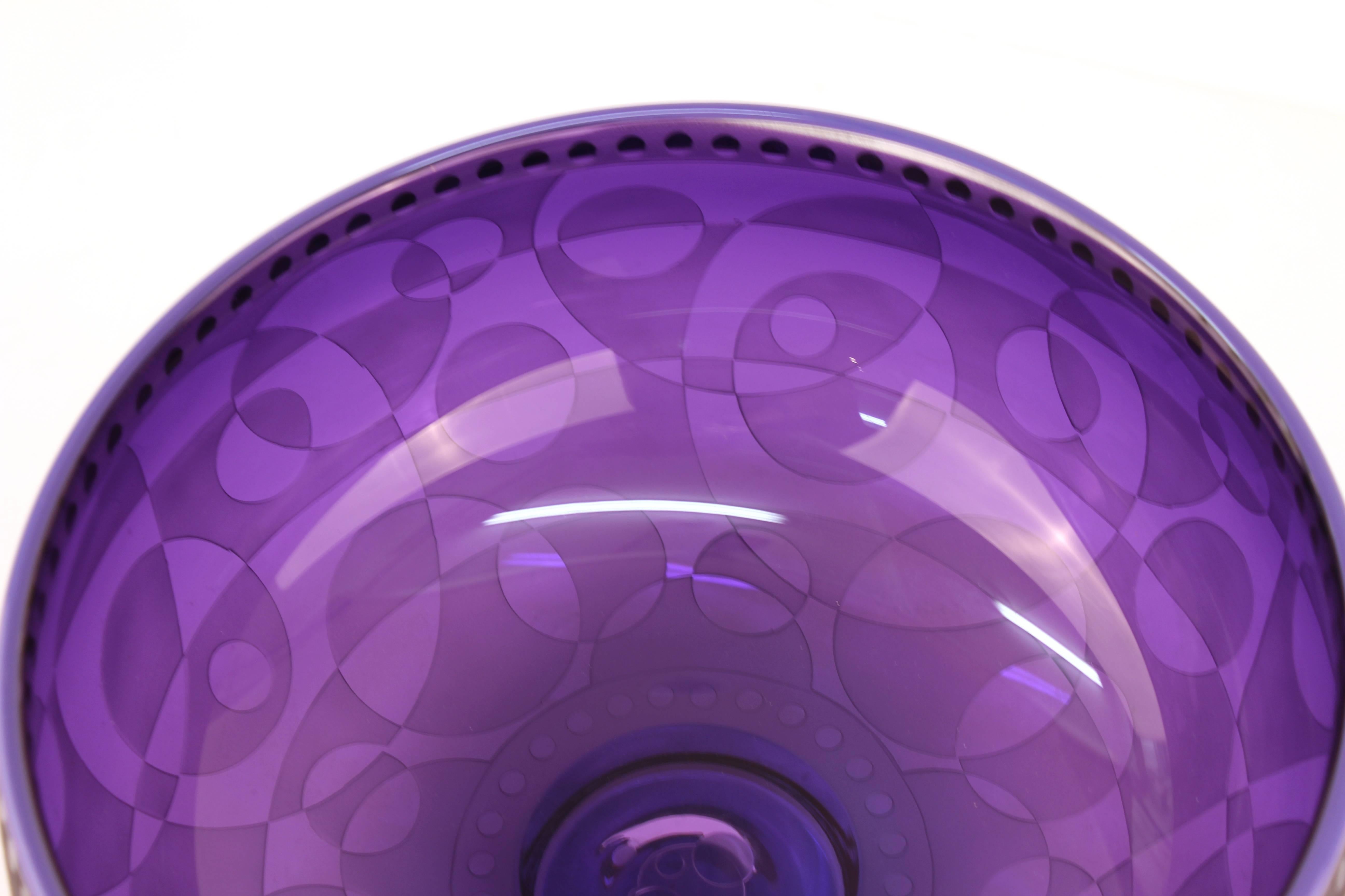 Op-Art Purple Art Glass Etched Bowl, Signed 3