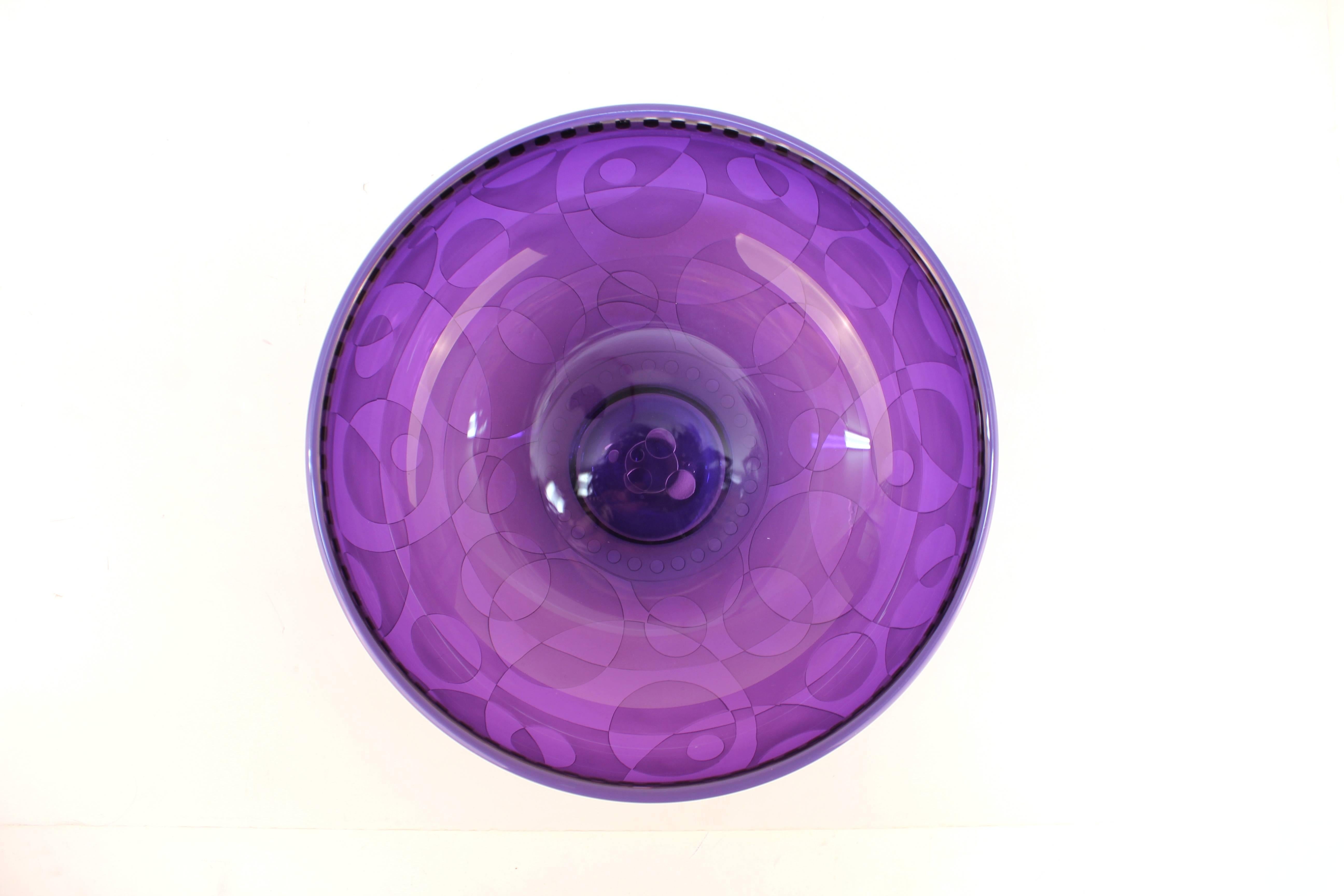 Op-Art Purple Art Glass Etched Bowl, Signed 4