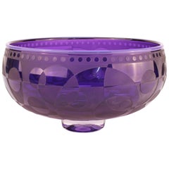 Op-Art Purple Art Glass Etched Bowl, Signed