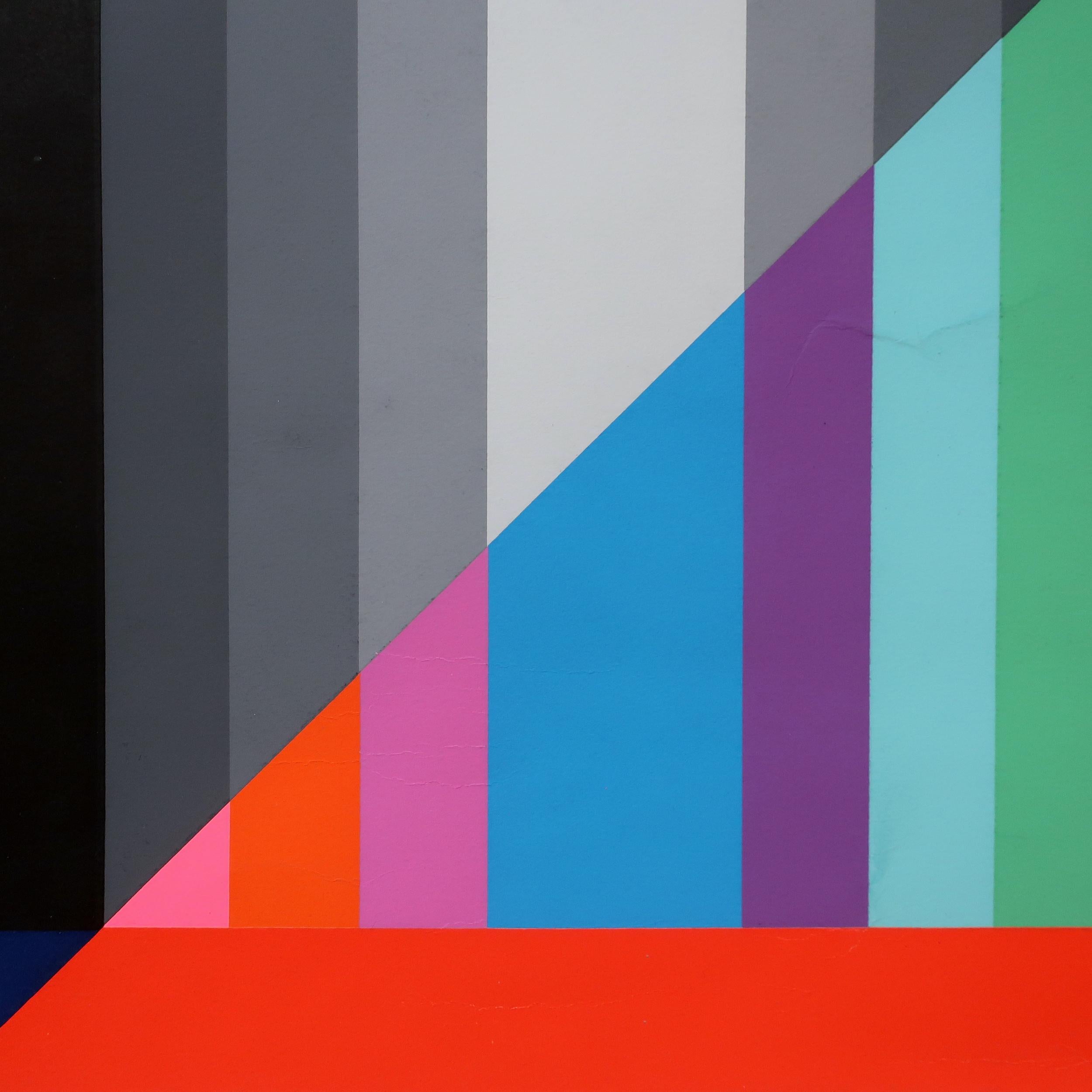 A striking limited edition op art serigraph by Italian artist Eugenio Carmi (1920 - 2016) in the hard edge style. An untitled abstract composition with a blue and red border, black triangle, vertical stripes in multiple shades of gray and multiple