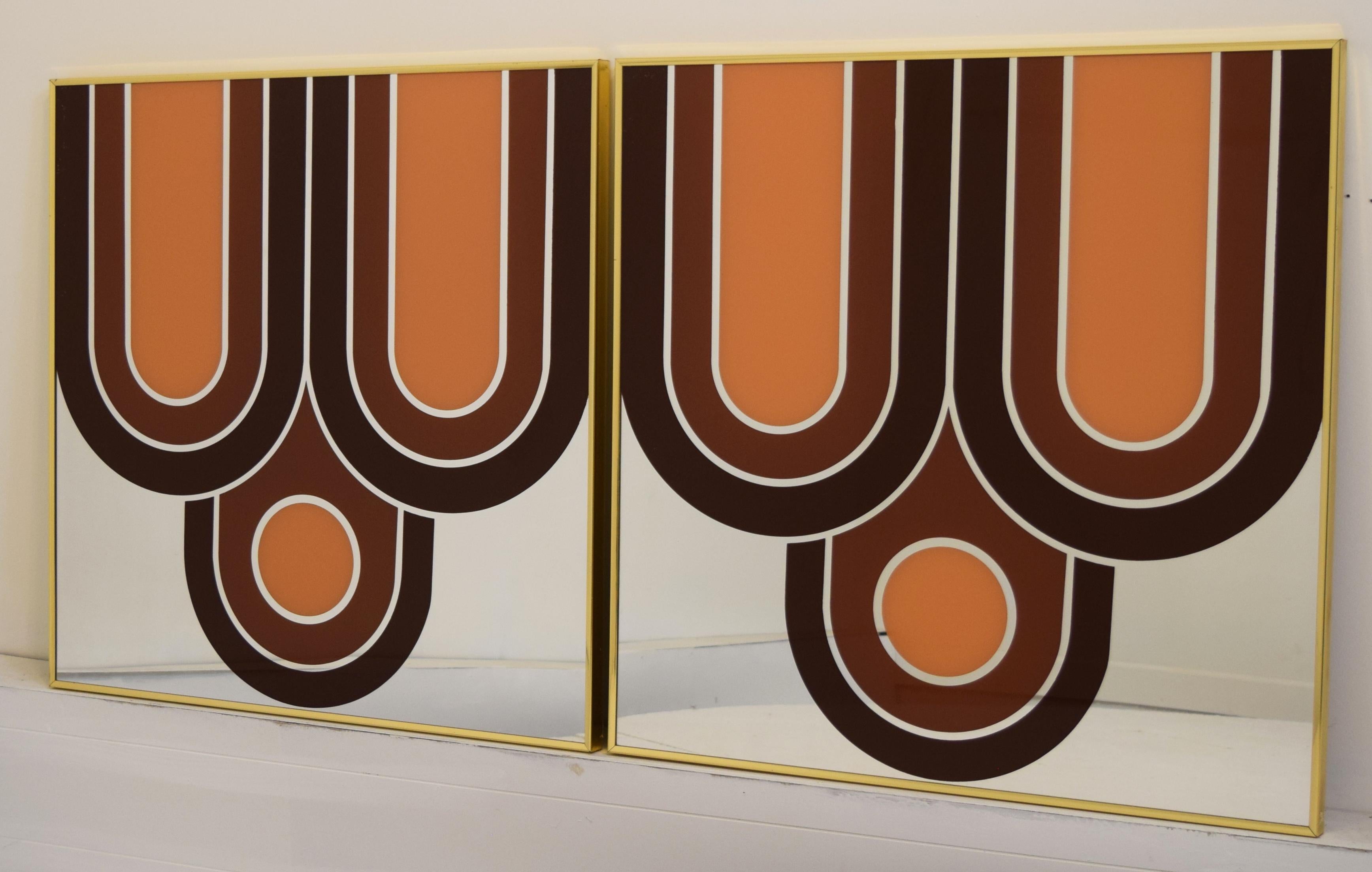 Mid-Century Modern Op Art Set of 2 Reverse Painted Mirrors