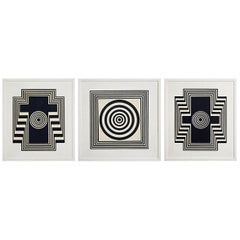 Op-Art Set of Three Wooden Panels with Black and White Reliëf Geometric Patterns