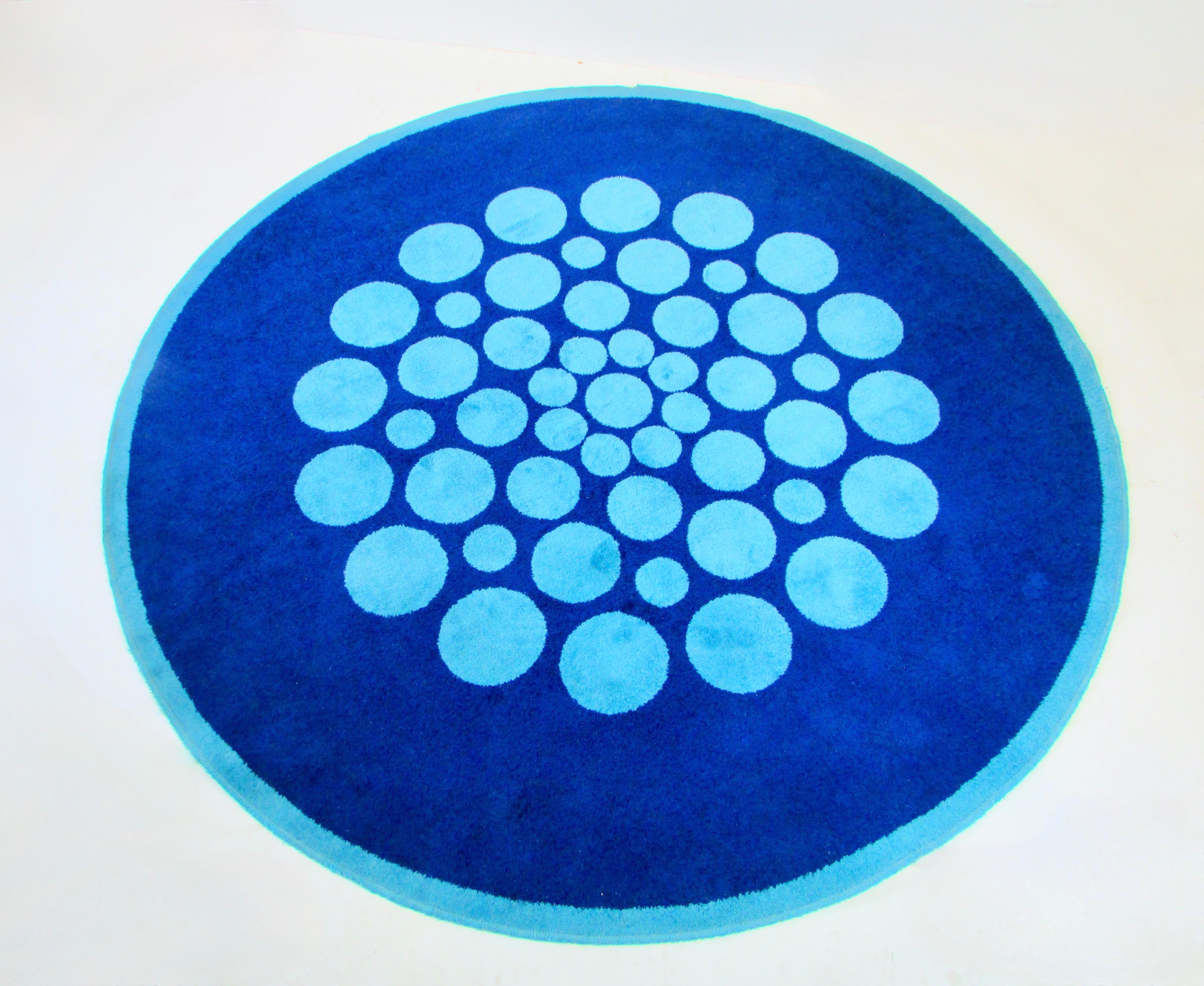 American Op Pop Light Blue Circles on Darker Blue Field round Area Rug For Sale