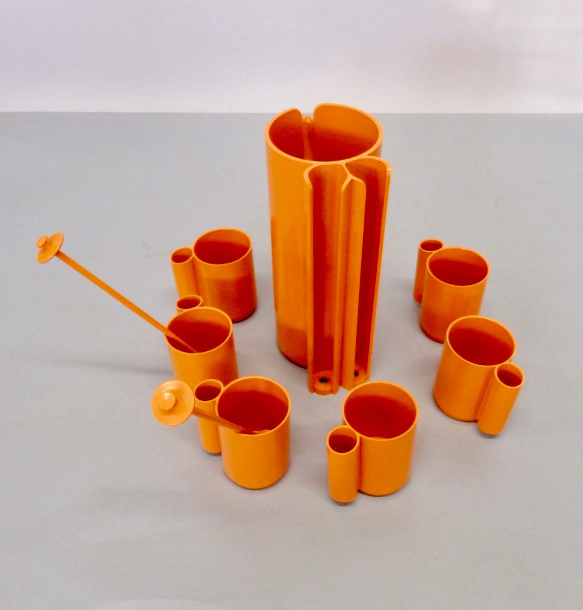 20th Century Op Pop Mod French Orange Plastic Pitcher with Cups and Stirrers Cocktail Set
