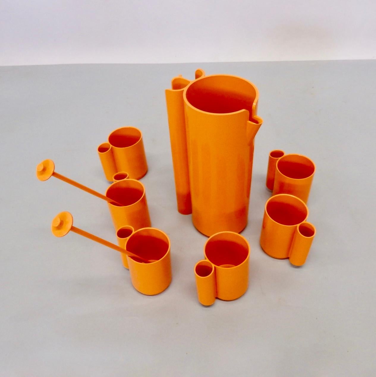 Op Pop Mod French Orange Plastic Pitcher with Cups and Stirrers Cocktail Set 1