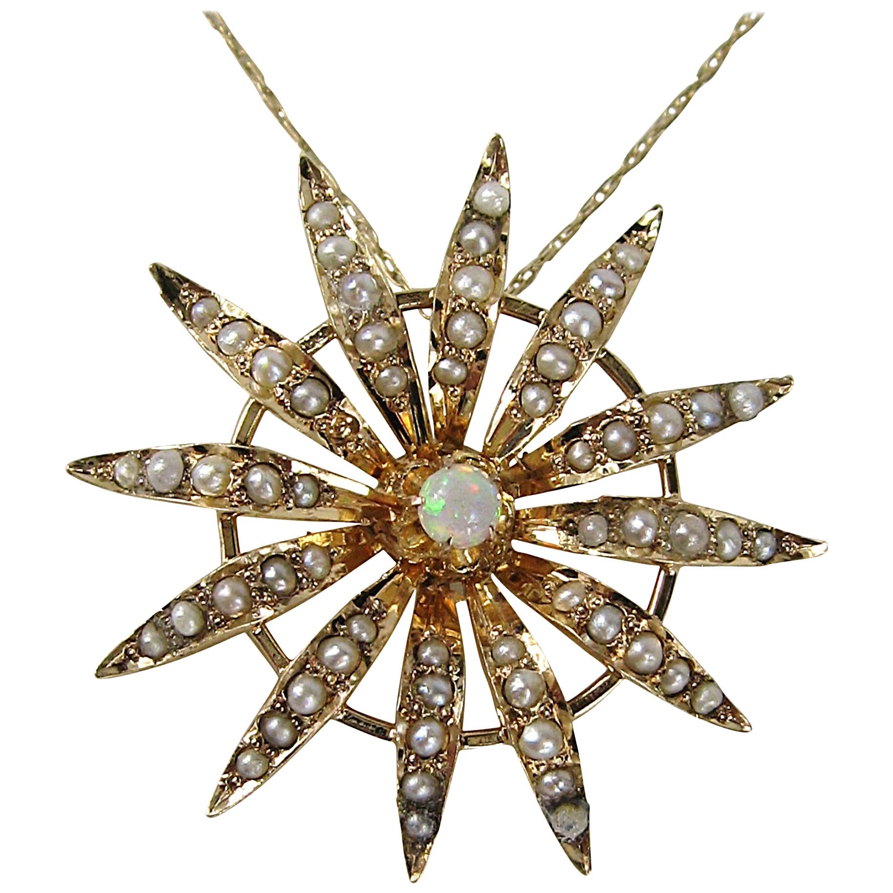 Opal 10 Karat Gold Lavalier Necklace Sunburst Seed Pearl
