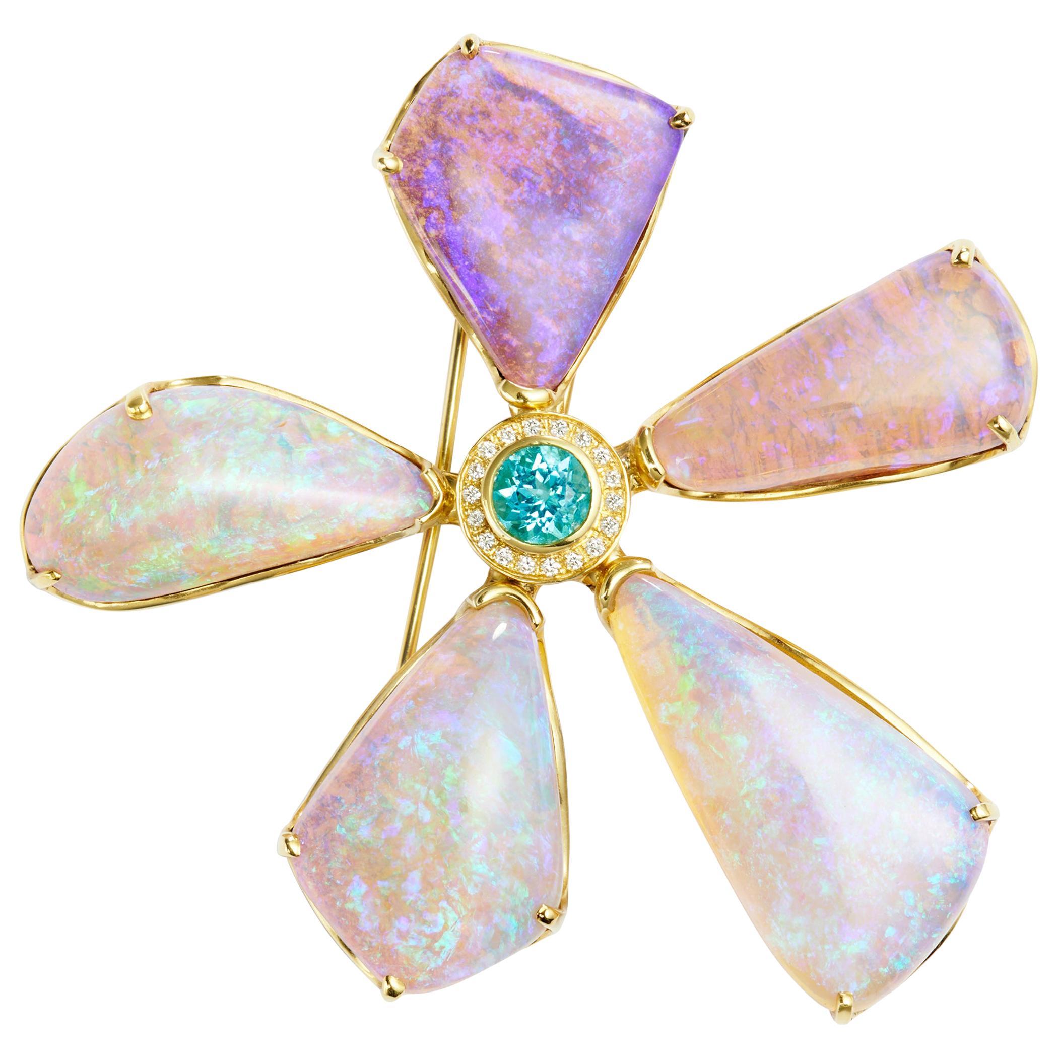 Susan Lister Locke Opal, 1.13 Carat Paraiba, and Diamond Pin/Pendant For Sale