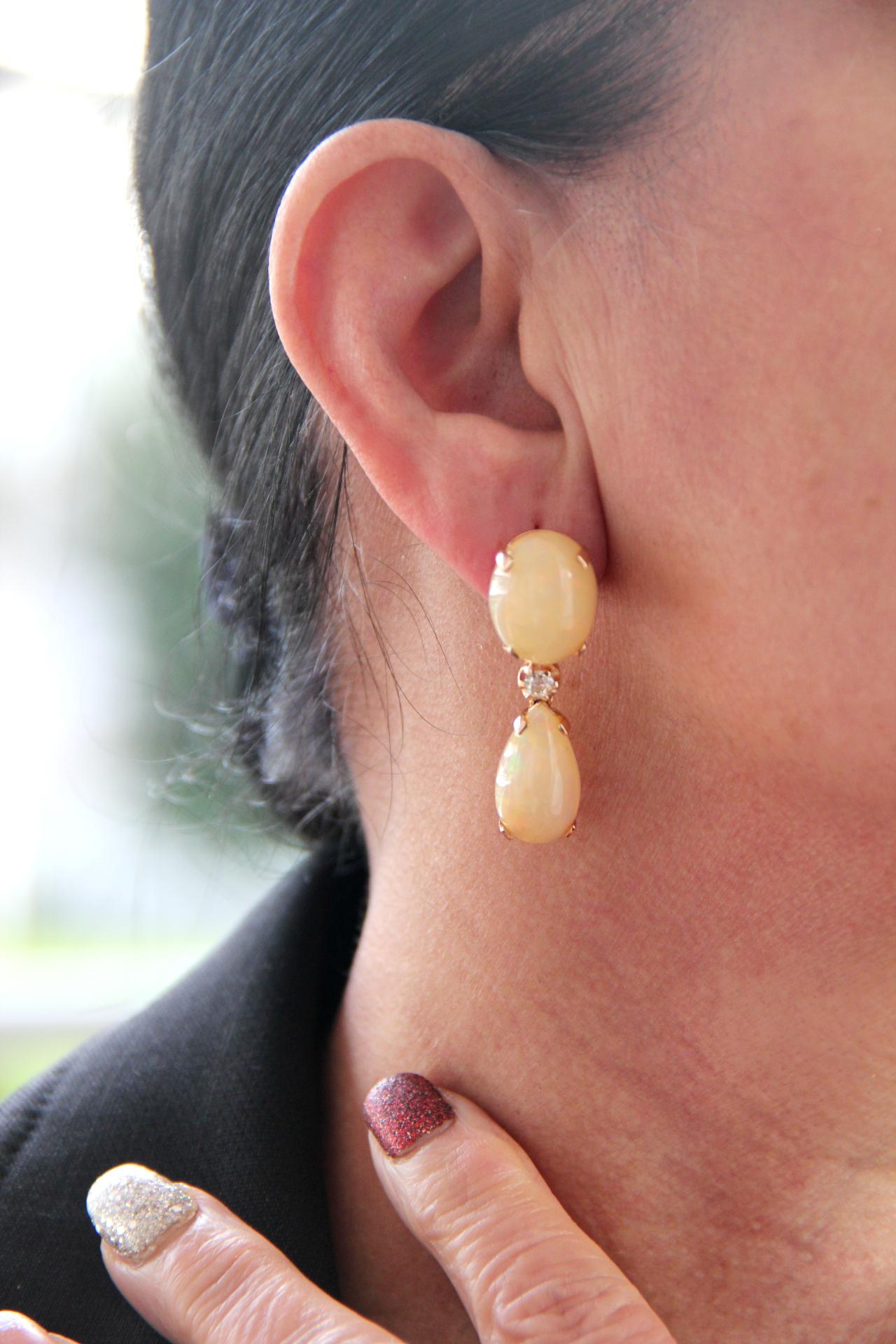 Women's or Men's Opal 14 Karat Yellow Gold Diamonds Drop Earrings For Sale