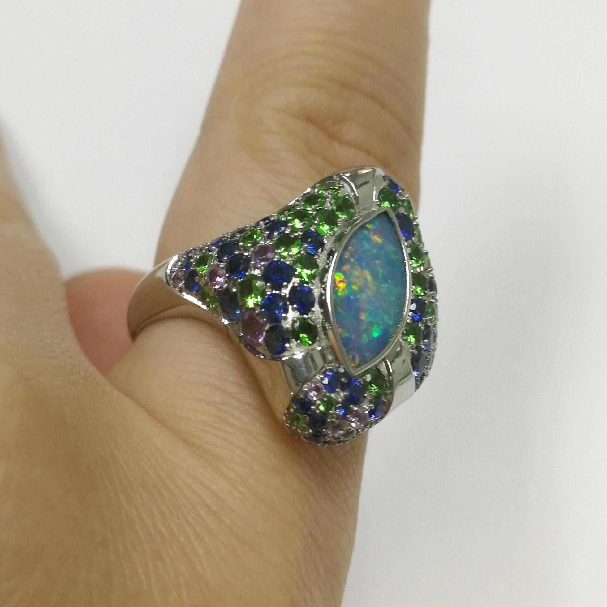 Opal 1.42 Carat Blue Purple Sapphires Tsavorite White 18 Karat Gold Riviera Ring For Sale 4