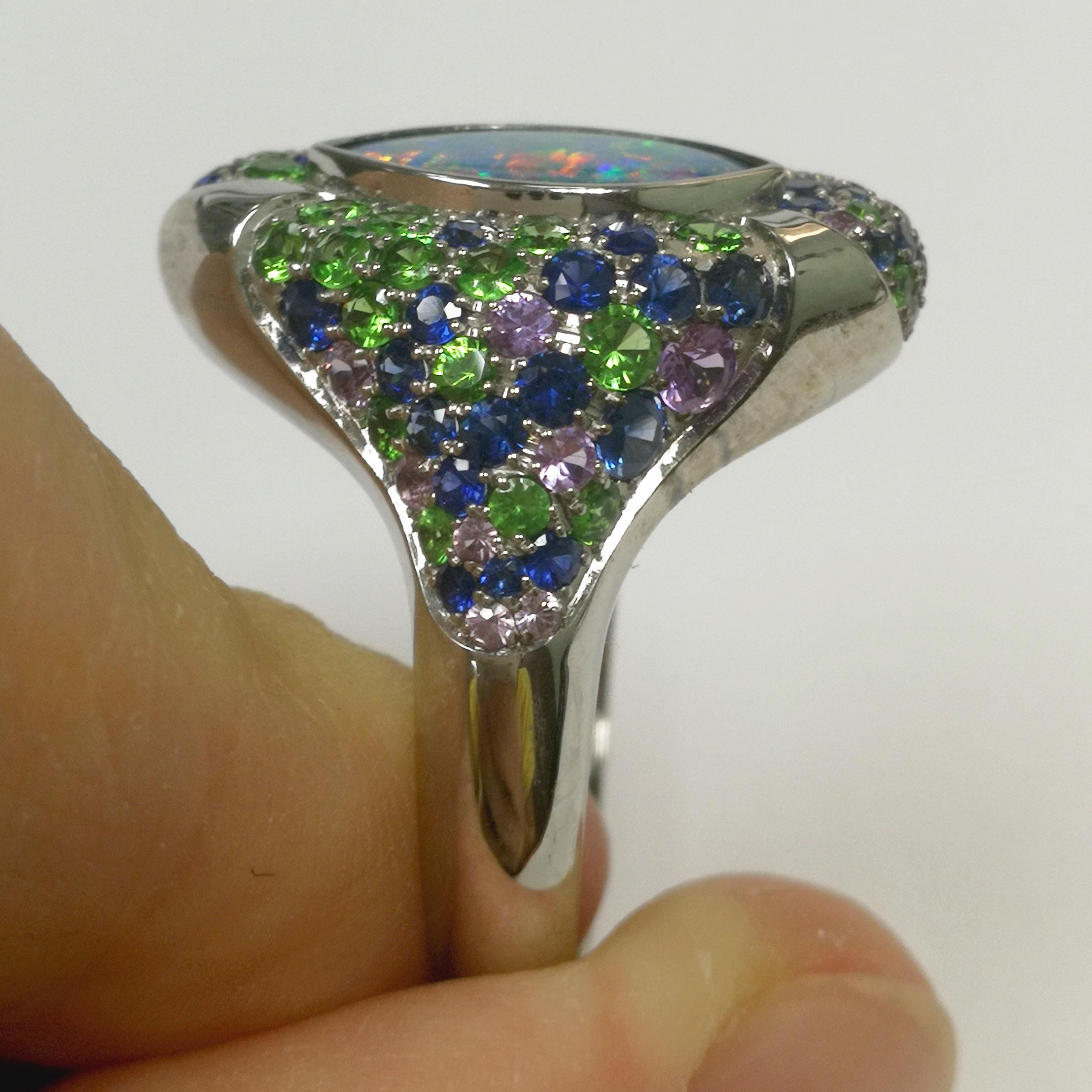 Oval Cut Opal 1.42 Carat Blue Purple Sapphires Tsavorite White 18 Karat Gold Riviera Ring For Sale