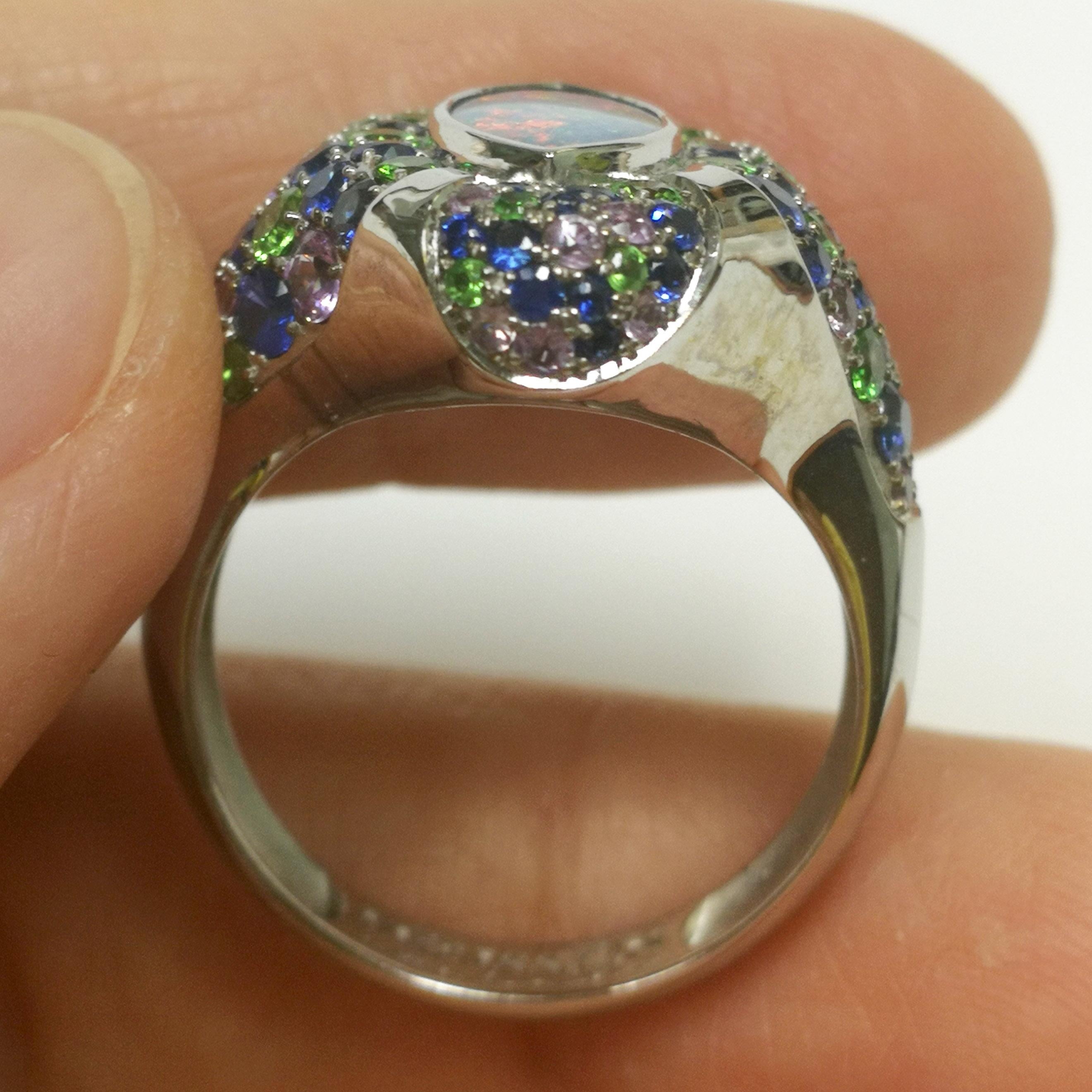Opal 1.42 Carat Blue Purple Sapphires Tsavorite White 18 Karat Gold Riviera Ring In Excellent Condition For Sale In Bangkok, TH