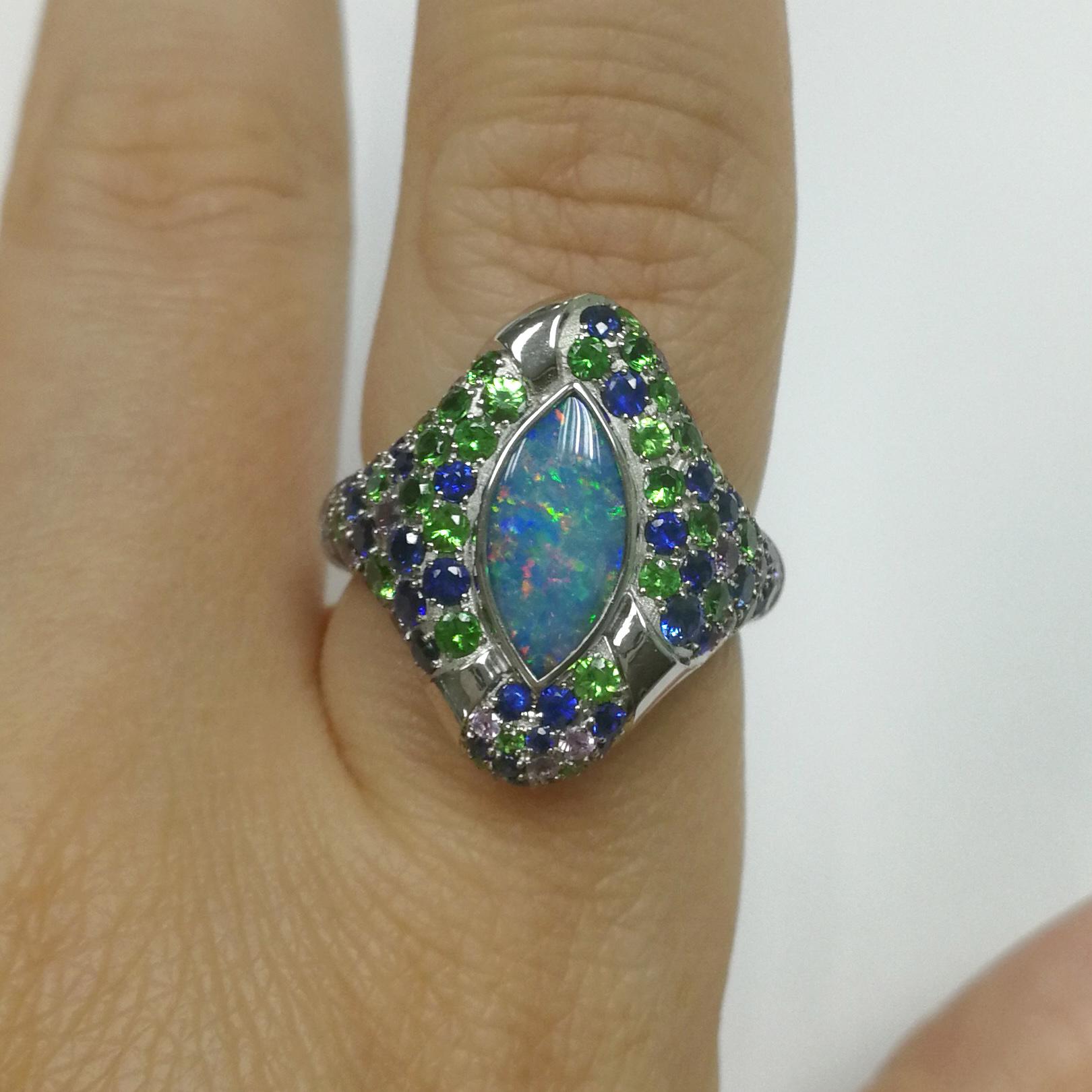 Opal 1.42 Carat Blue Purple Sapphires Tsavorite White 18 Karat Gold Riviera Ring For Sale 1