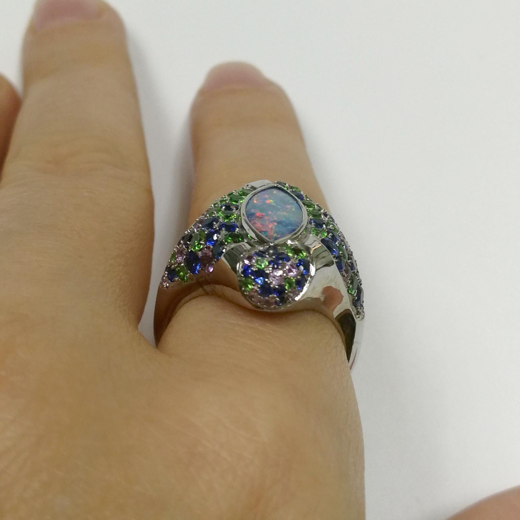 Opal 1.42 Carat Blue Purple Sapphires Tsavorite White 18 Karat Gold Riviera Ring For Sale 2