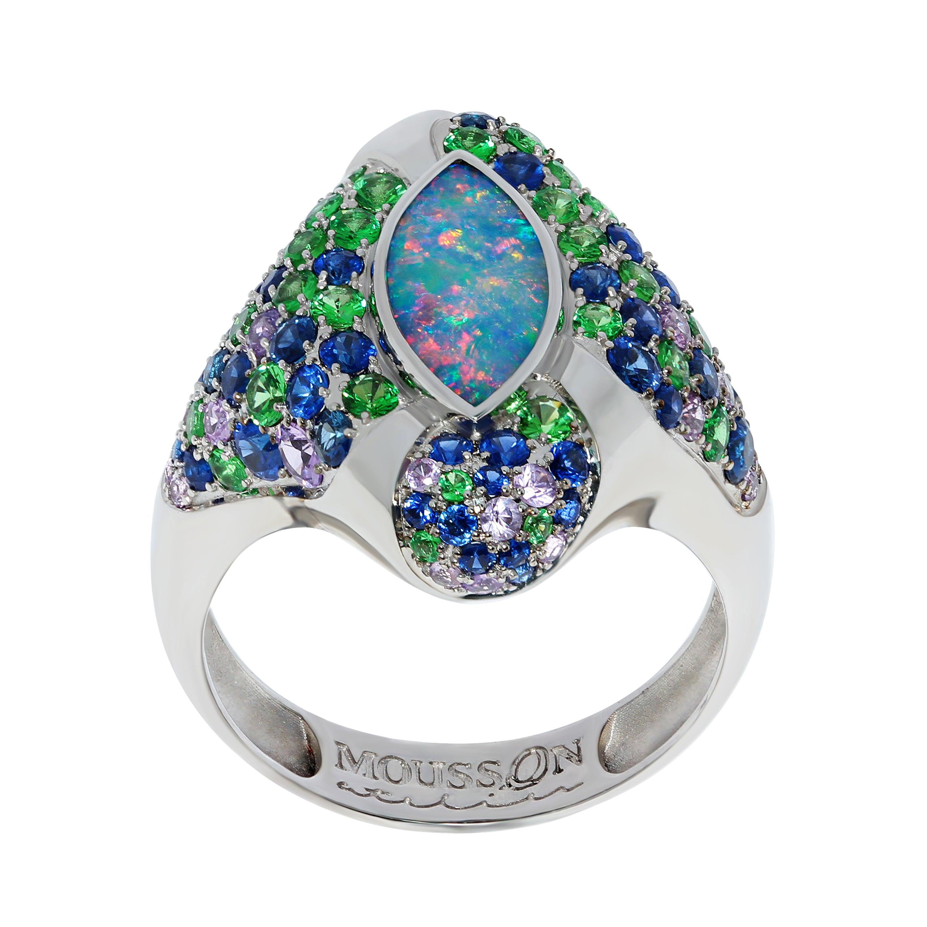 Opal 1.42 Carat Blue Purple Sapphires Tsavorite White 18 Karat Gold Riviera Ring For Sale