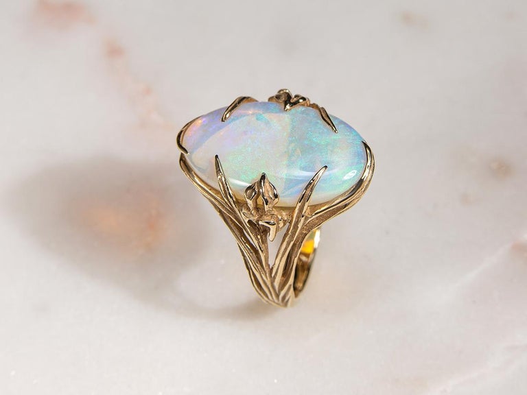 Opal Gold Ring Iris Art Nouveau Australian Opal Gift Unisex For Sale 8