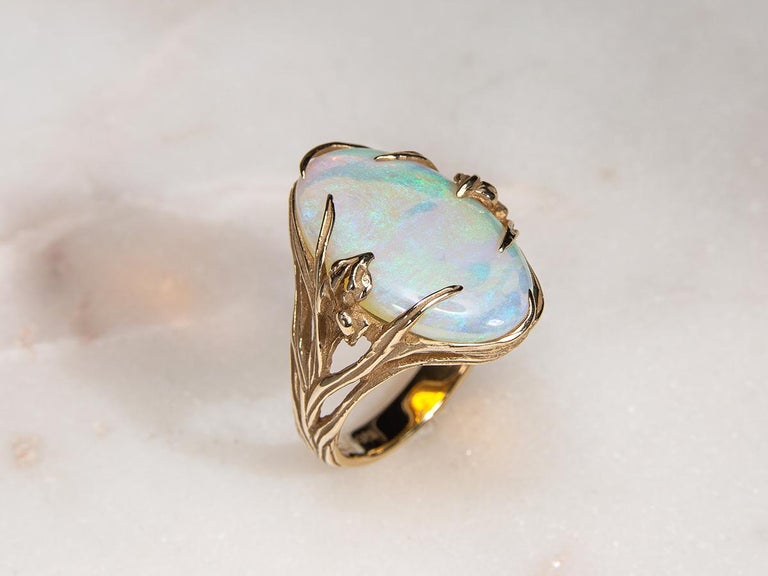 Opal Gold Ring Iris Art Nouveau Australian Opal Gift Unisex For Sale 9