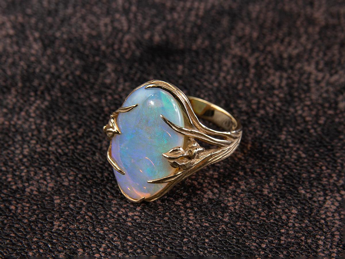 Opal Gold Ring Iris Art Nouveau Australian Opal Gift Unisex 6