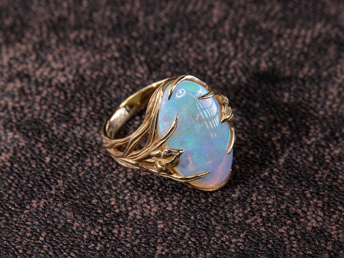 Opal Gold Ring Iris Art Nouveau Australian Opal Gift Unisex 7