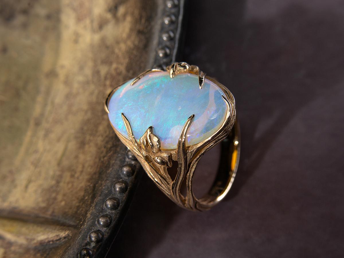 Cabochon Opal Gold Ring Iris Art Nouveau Australian Opal Gift Unisex