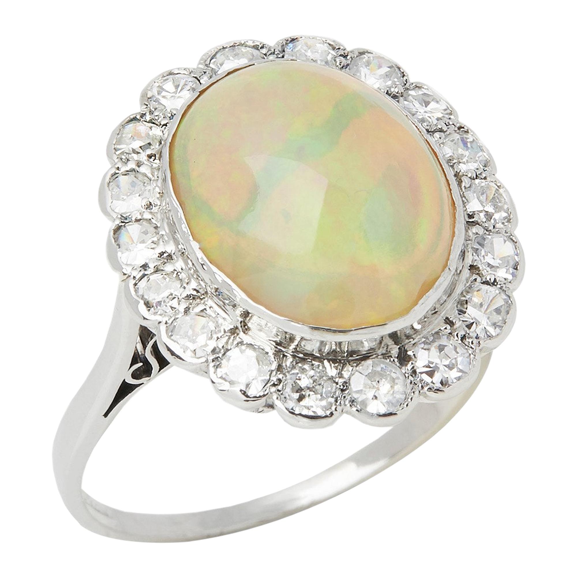 Opal 18 Karat White Gold Opal and Diamond Vintage Cluster Ring