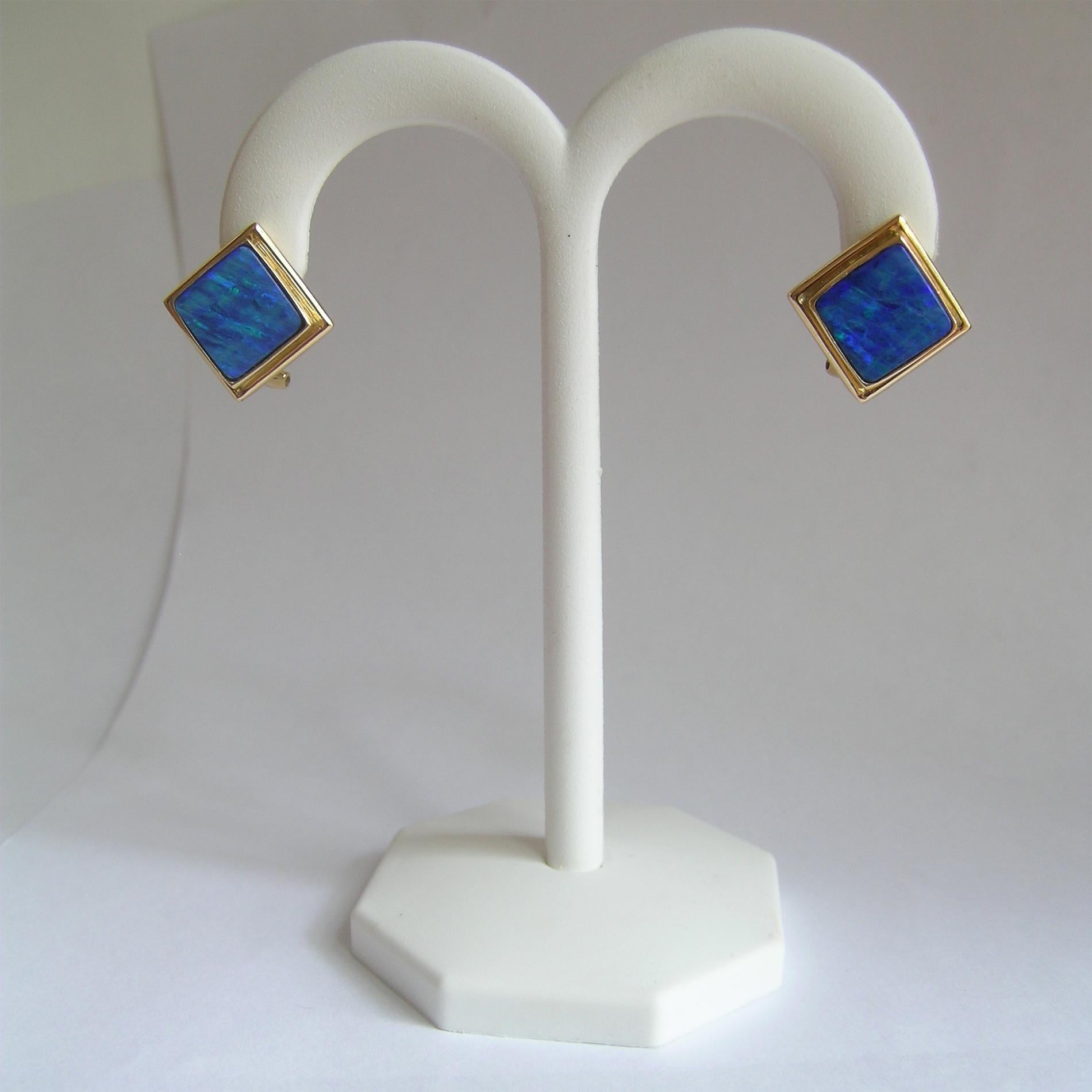 Square Cut Opal and 18 Karat Gold Earrings For Sale