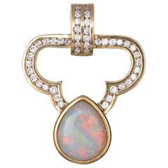 Pendentif grand format vintage en or jaune 18 carats avec opale et diamants de 1 carat