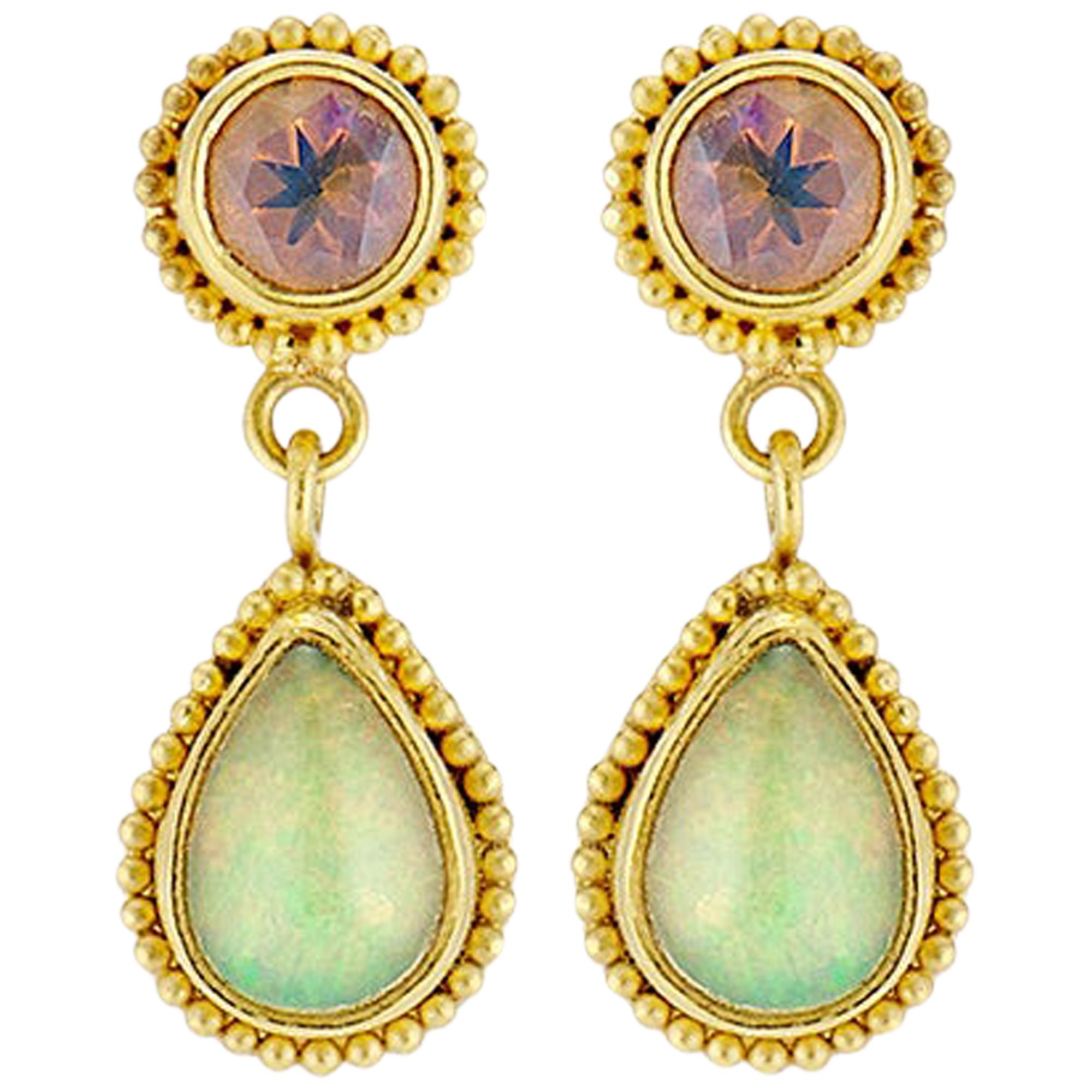 Opal 22 Karat Granulation Drop Dangle Earrings 18 Karat Yellow Posts and Backs For Sale