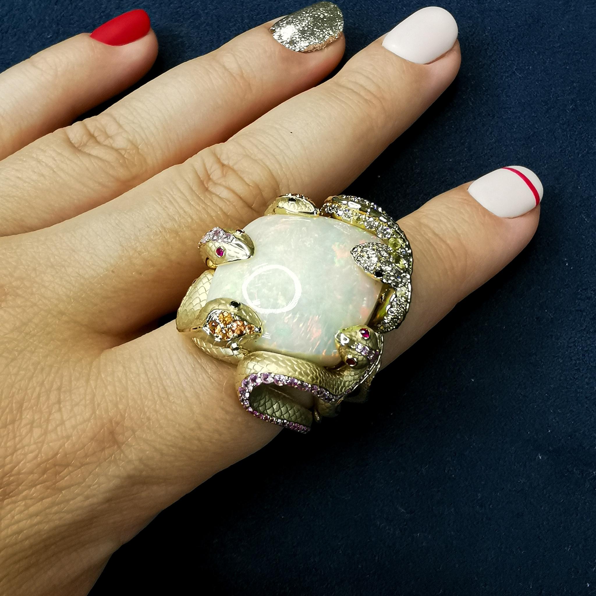 Opal 23.33 Carat Diamond Sapphire 18 Karat Yellow Gold Snake Ring 2