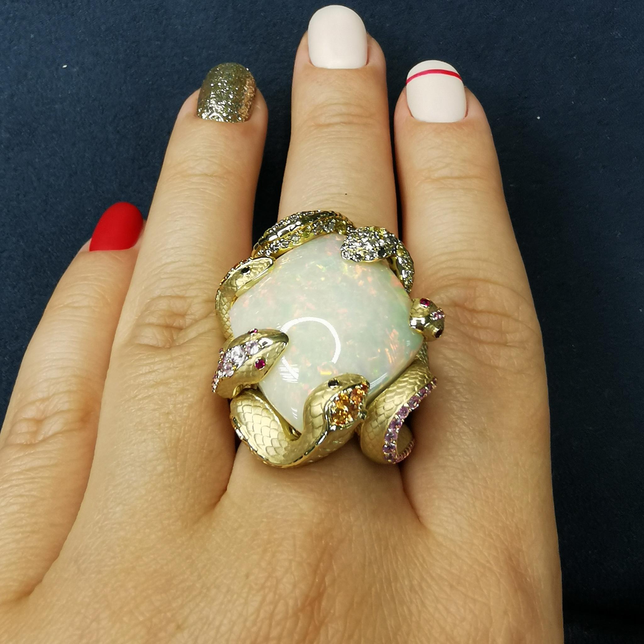 Opal 23.33 Carat Diamond Sapphire 18 Karat Yellow Gold Snake Ring For Sale 4
