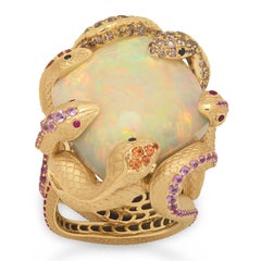 Opal 23.33 Carat Diamond Sapphire 18 Karat Yellow Gold Snake Ring