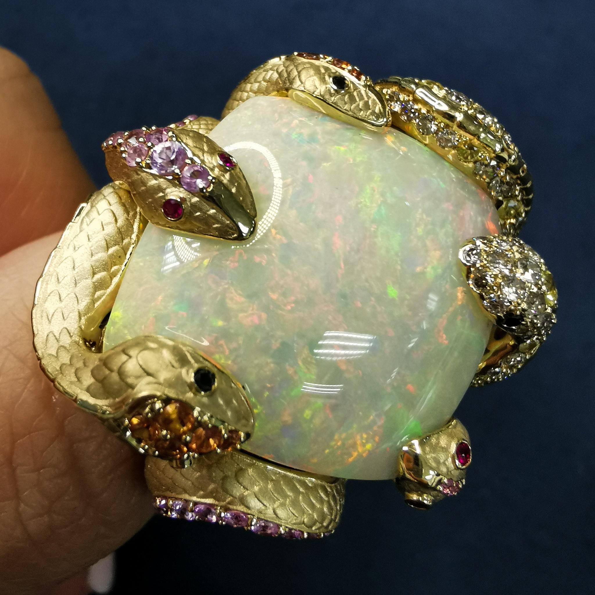 Contemporary Opal 23.33 Carat Diamond Sapphire 18 Karat Yellow Gold Snake Ring For Sale
