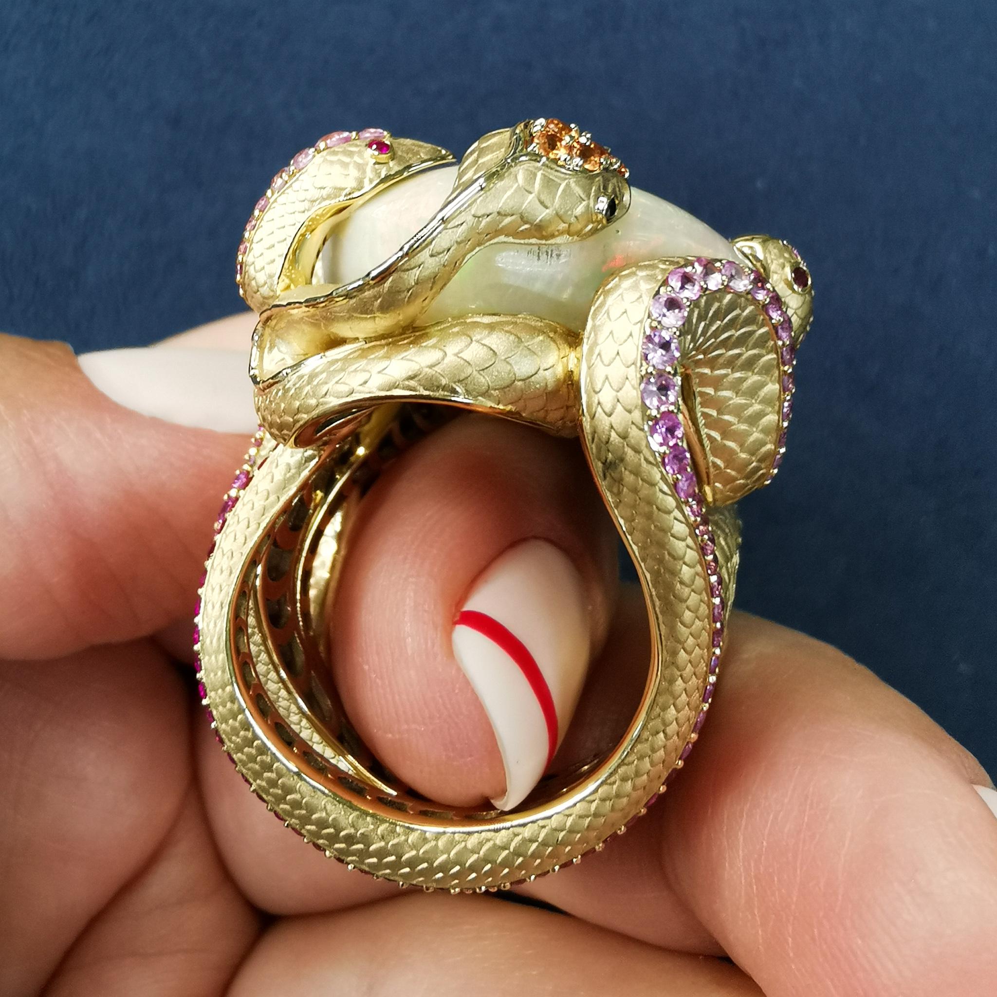 Women's Opal 23.33 Carat Diamond Sapphire 18 Karat Yellow Gold Snake Ring For Sale