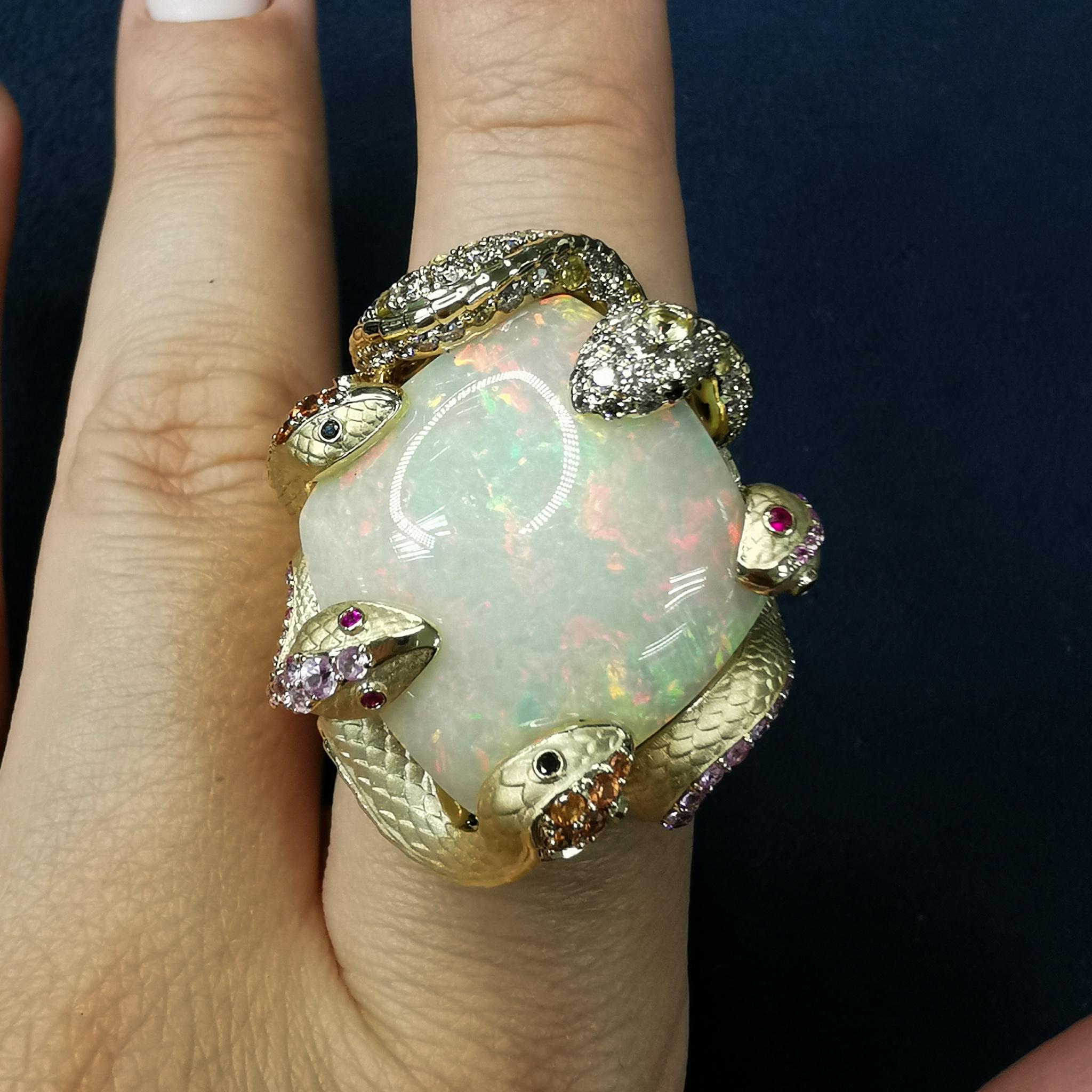Opal 23.33 Carat Diamond Sapphire 18 Karat Yellow Gold Snake Ring For Sale 2