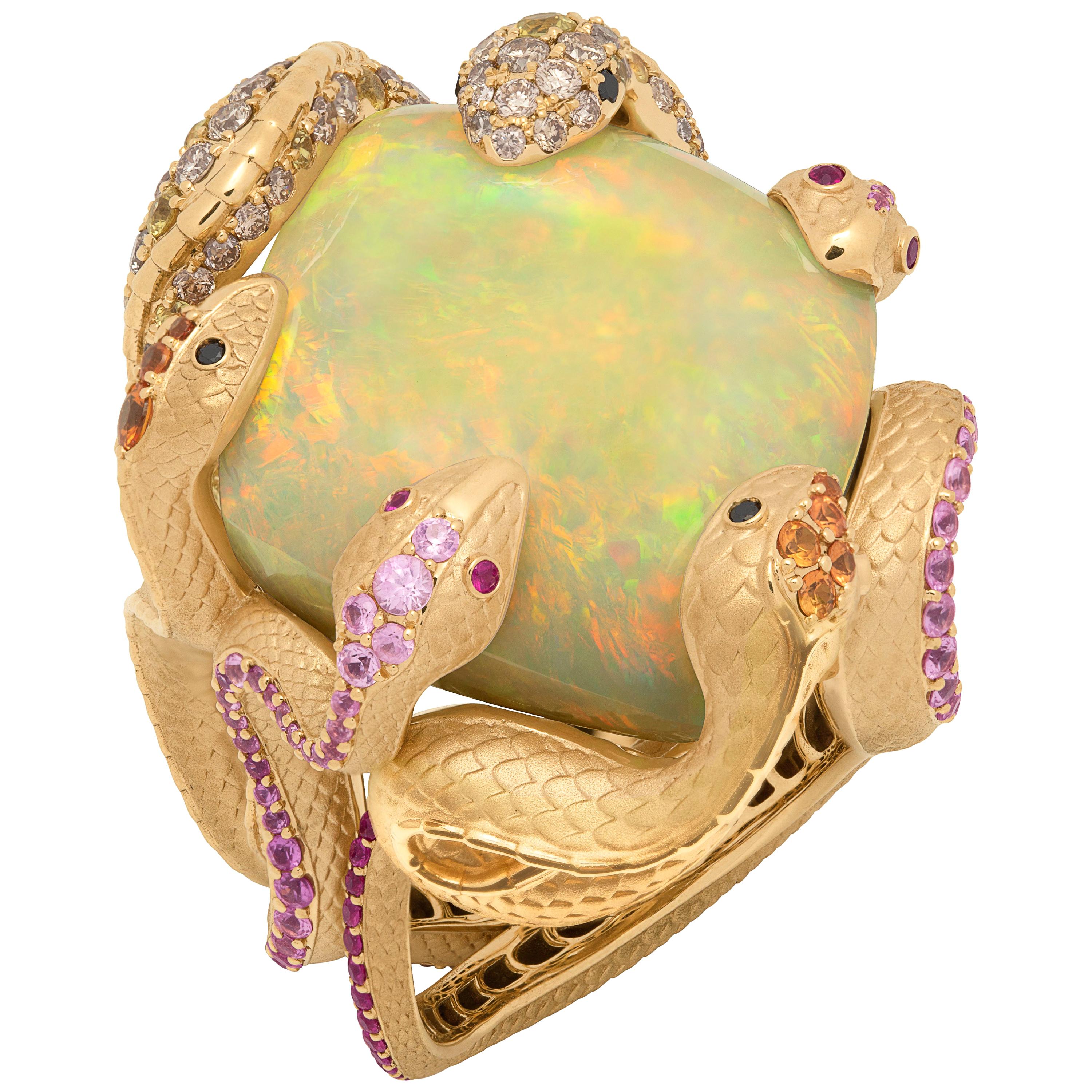 Bague serpent en or jaune 18 carats avec opale, diamants et saphir de 23,33 carats