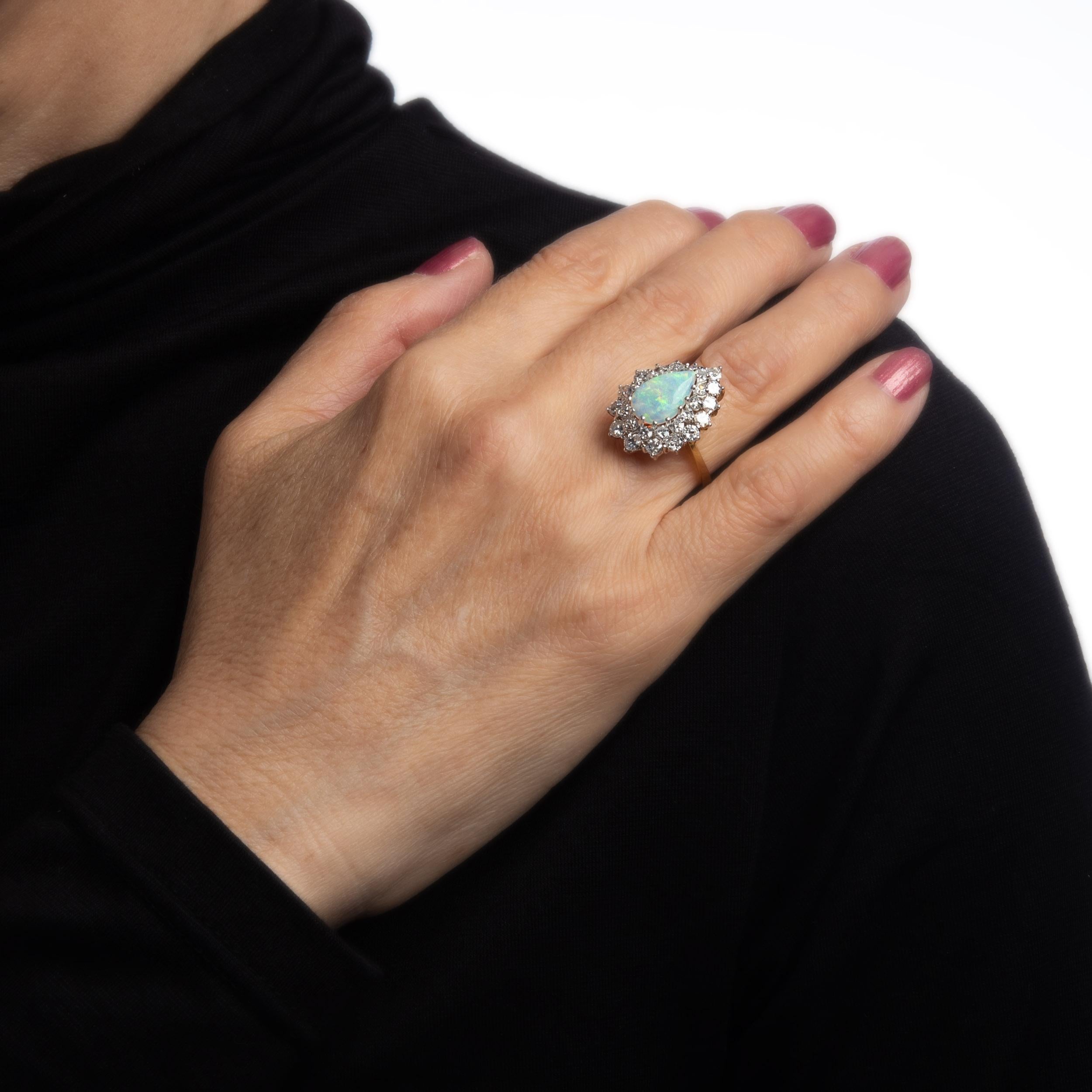 Women's Opal 2ct Diamond Ring Vintage 14k Yellow Gold Pear Estate Gemstone Engagement