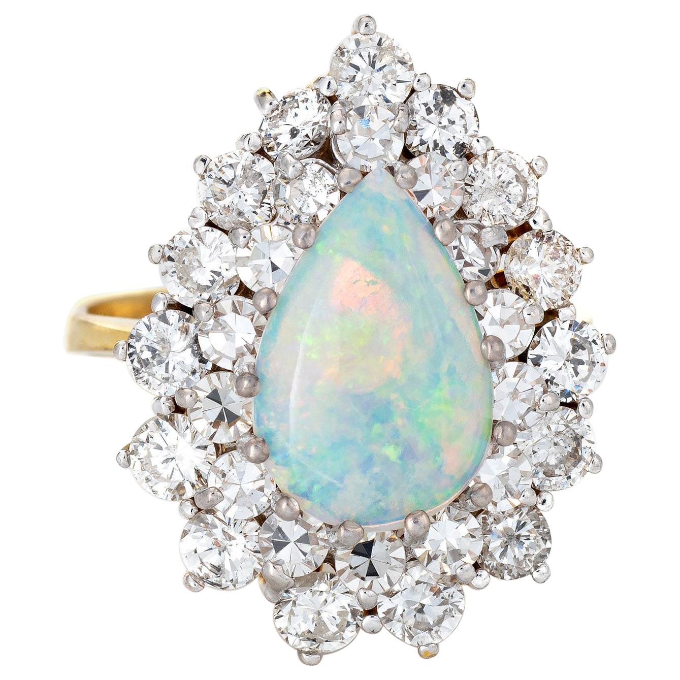 Opal 2ct Diamond Ring Vintage 14k Yellow Gold Pear Estate Gemstone Engagement
