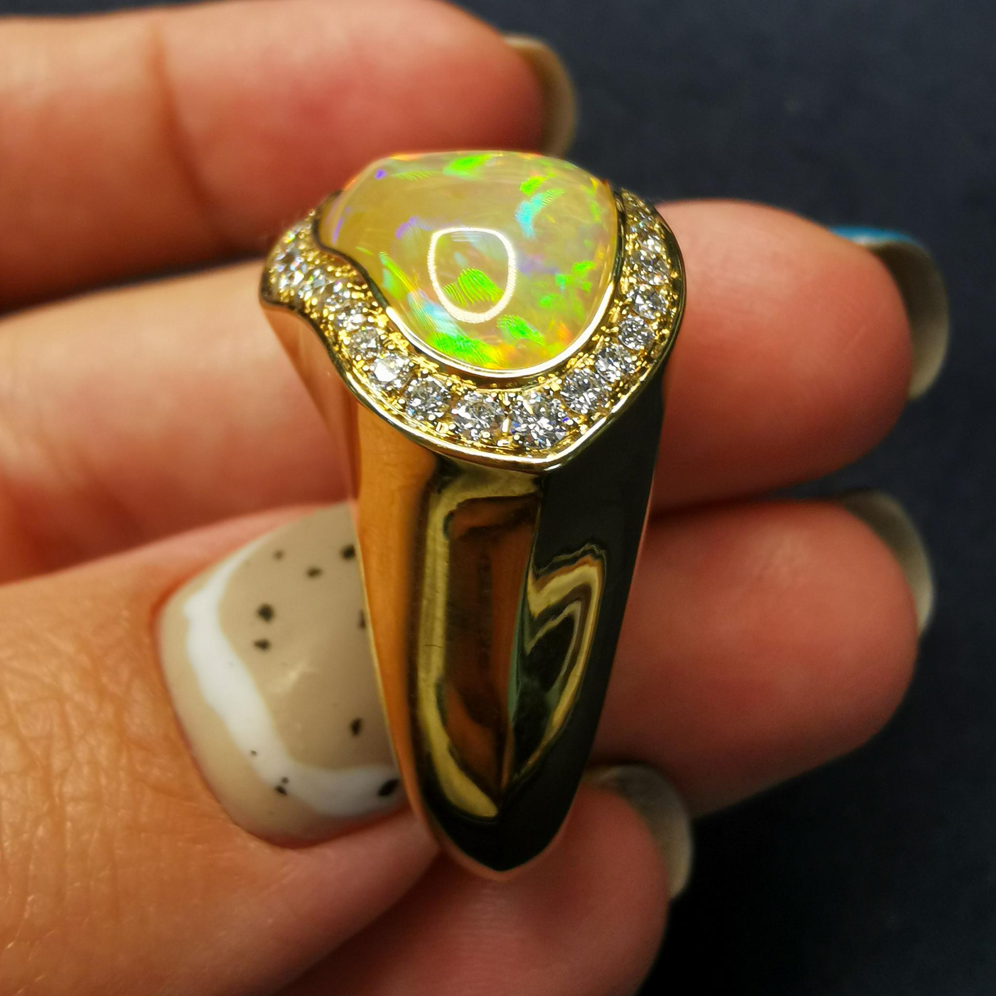 Sugarloaf Cabochon Opal 7.47 Carat Diamonds 18 Karat Yellow Gold Ring For Sale