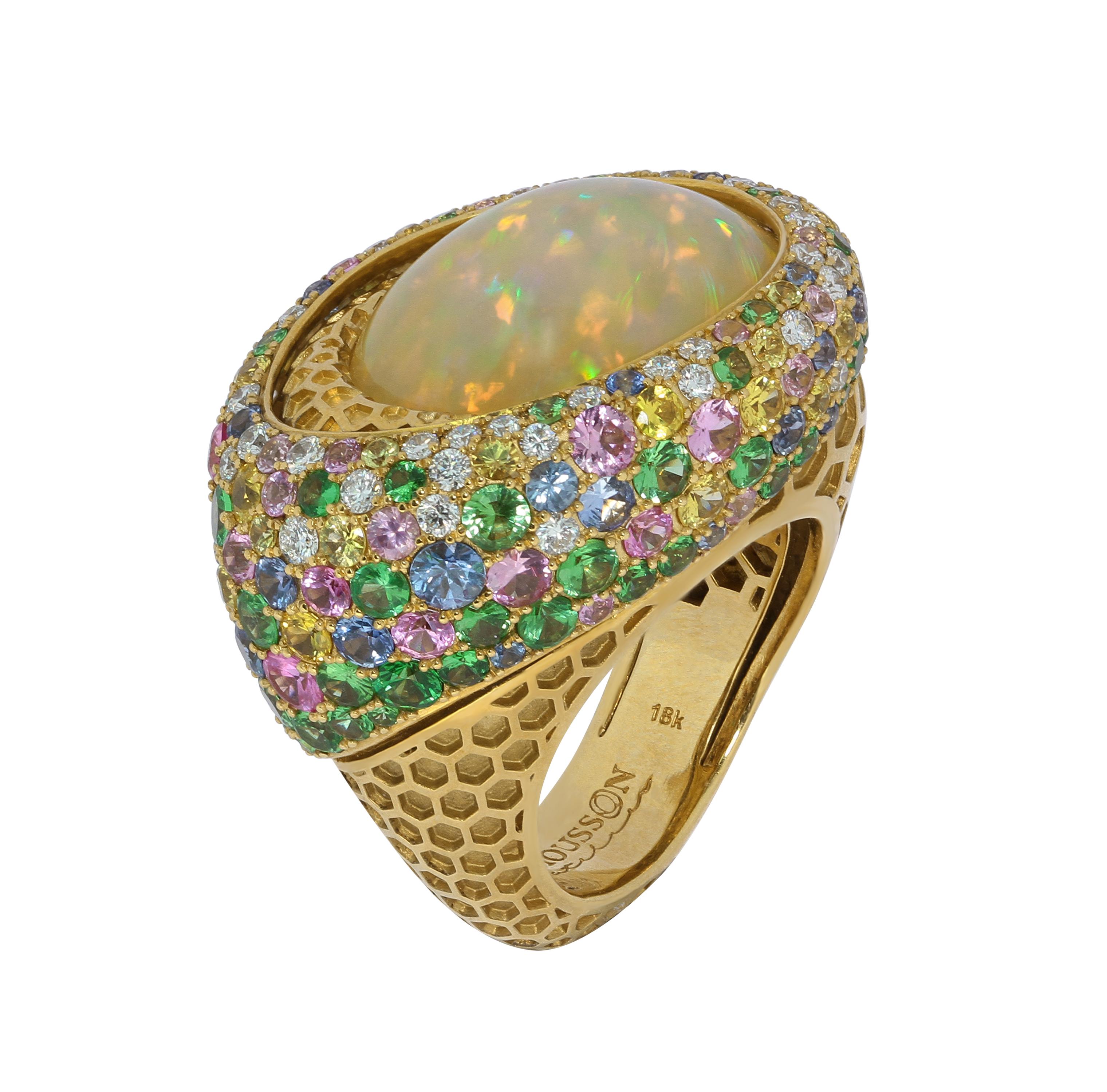Opal 9.14 Carat Diamonds Sapphires 18 Karat Yellow Gold Honeycombs Ring

This ring is full of sweeteness!!! Yellow honeycombs of 18K Gold meets with multicolor confeture of Yellow, Pink, Blue Sapphires, Tsavorites and Diamonds around appetizing