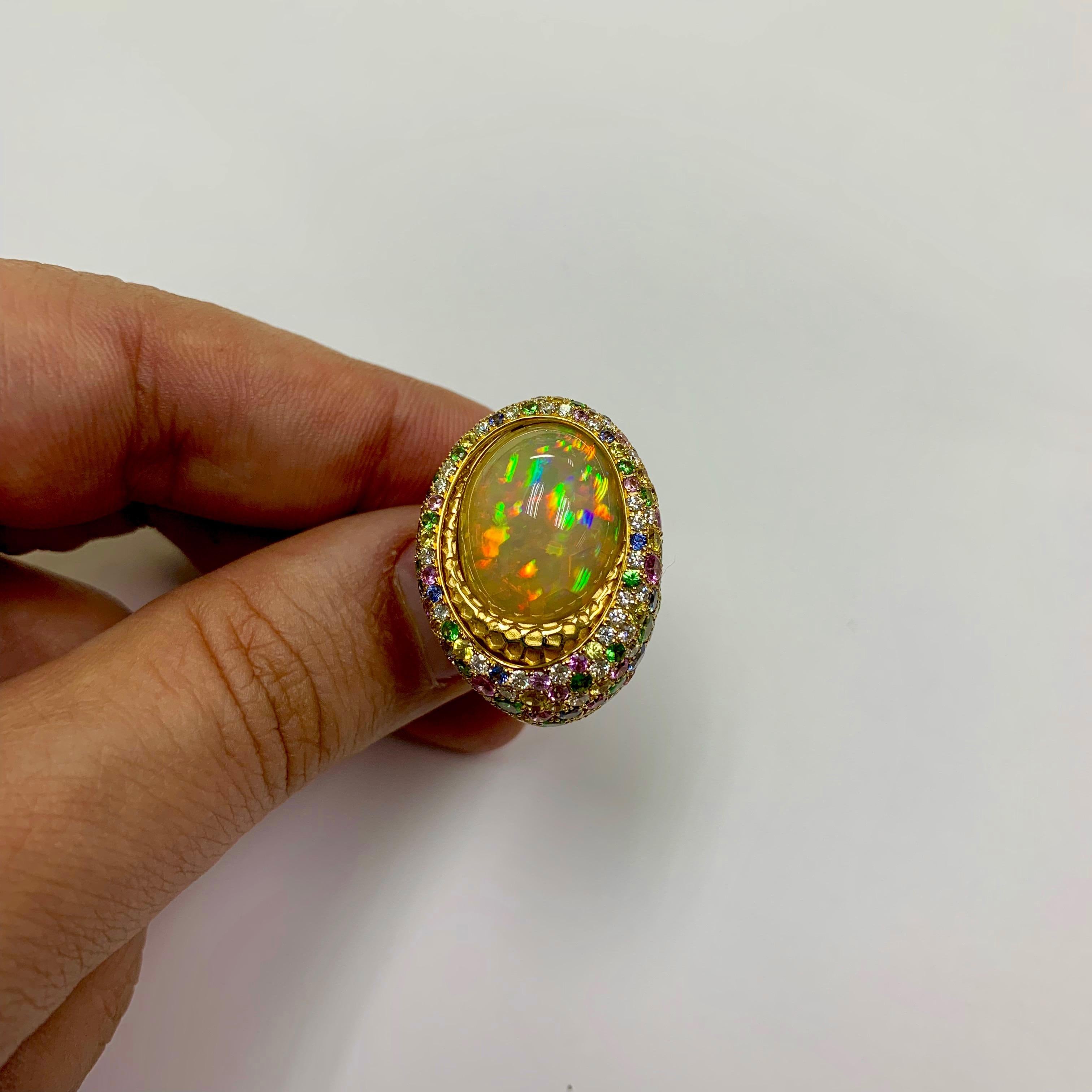 De las mujeres Opalo 9.14 Quilates Diamantes Zafiro 18 Kilates Oro Amarillo Anillo Panal